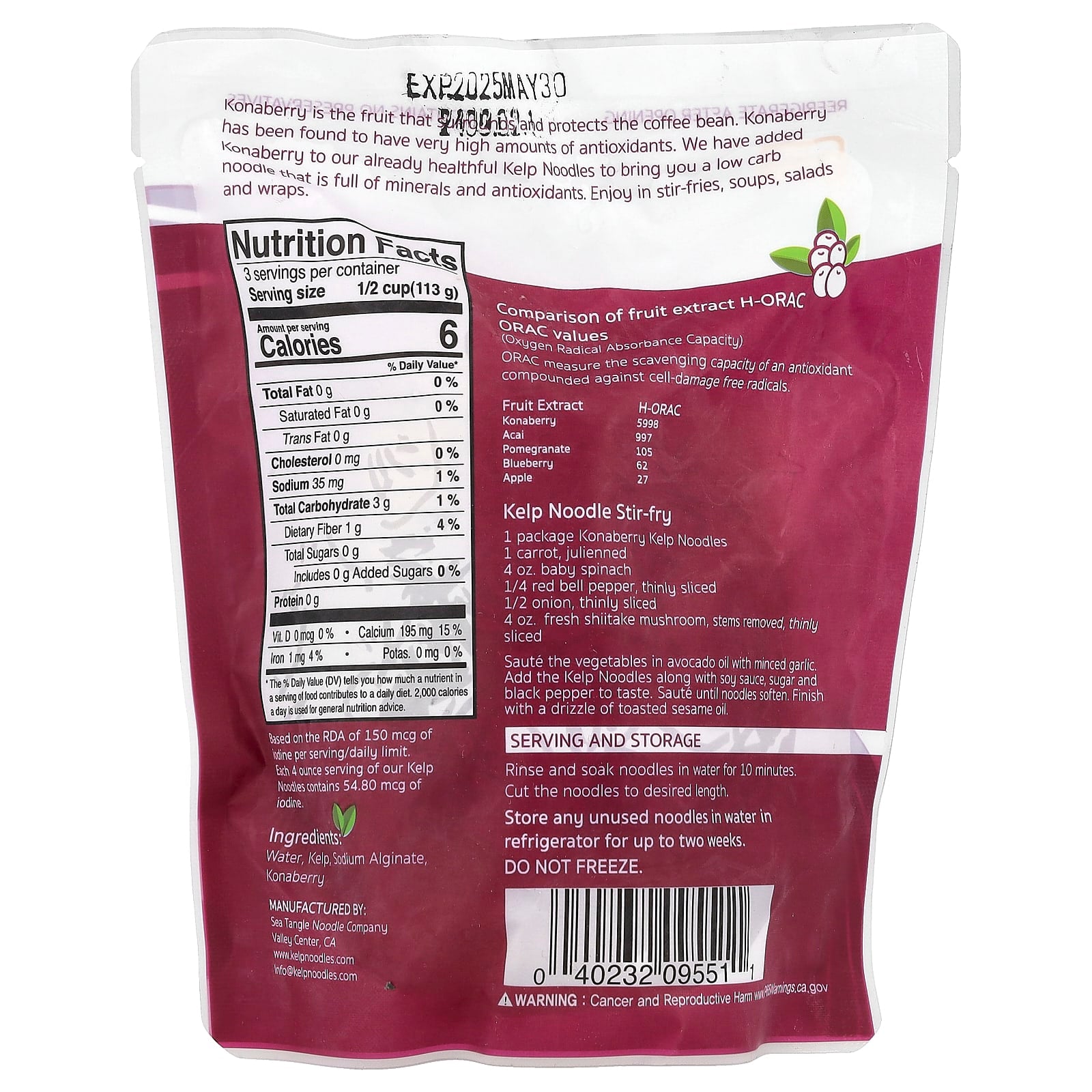 Sea Tangle Noodle Company, Kelp Noodles With Konaberry, 12 oz (340 g) - Image 2