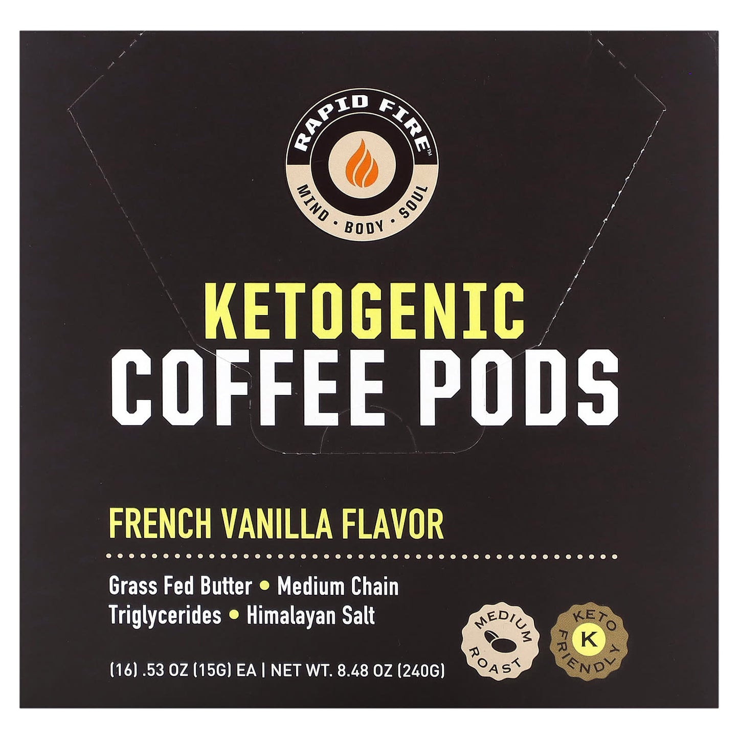 RAPIDFIRE, Ketogenic Coffee Pods, French Vanilla, Medium Roast, 16 Pods, 8.48 oz (240 g) - Image 1