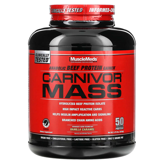MuscleMeds, Carnivor Mass, Anabolic Beef Protein Gainer, Vanilla Caramel, 5.78 lbs (2,618 g) - Image 1
