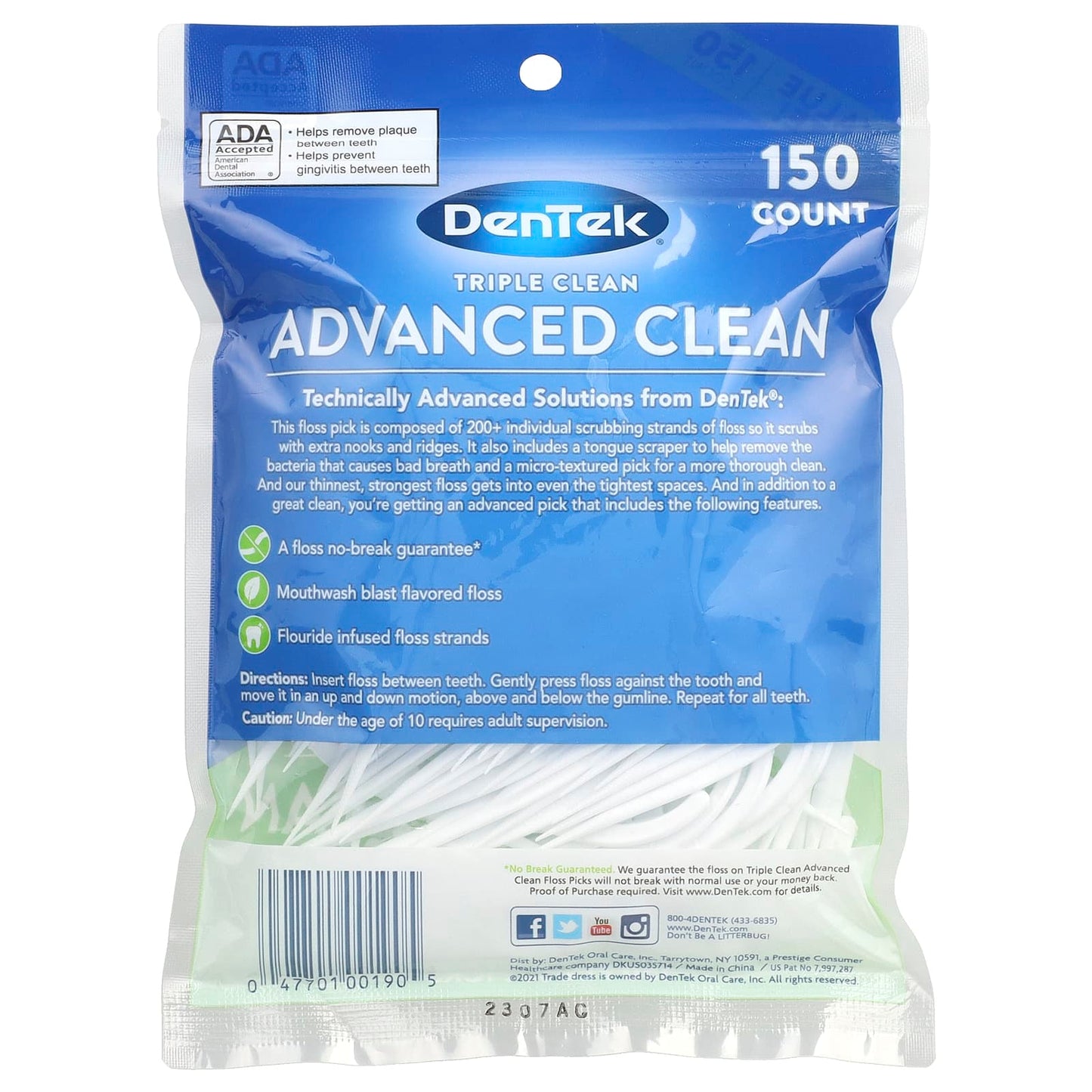 DenTek Advanced Clean Floss Picks, Mouthwash Blast, 150 Pks, Gingivitis Prevention - Image 2