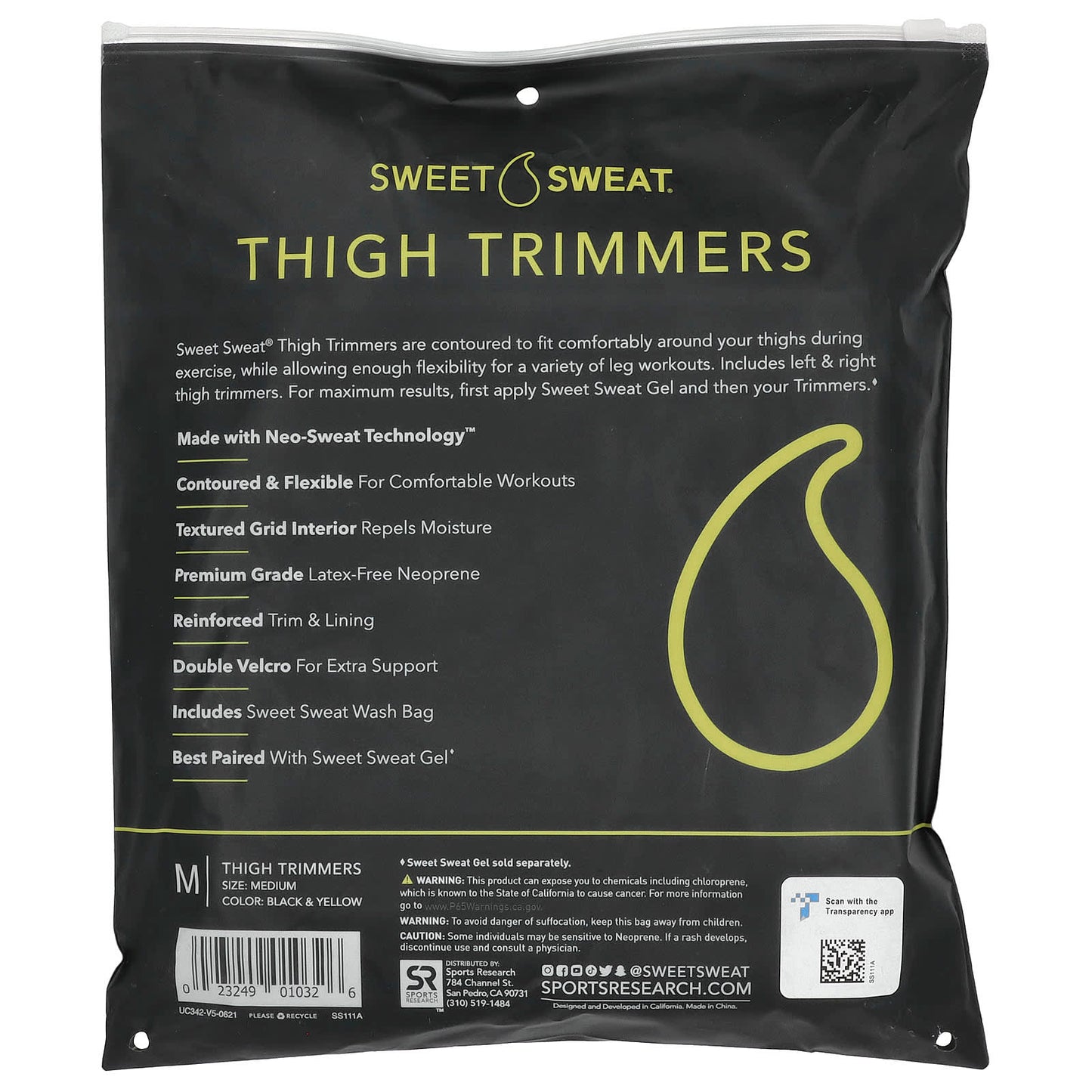 Sports Research, Sweet Sweat®, Thigh Trimmers, Medium, Black & Yellow, 1 Pair