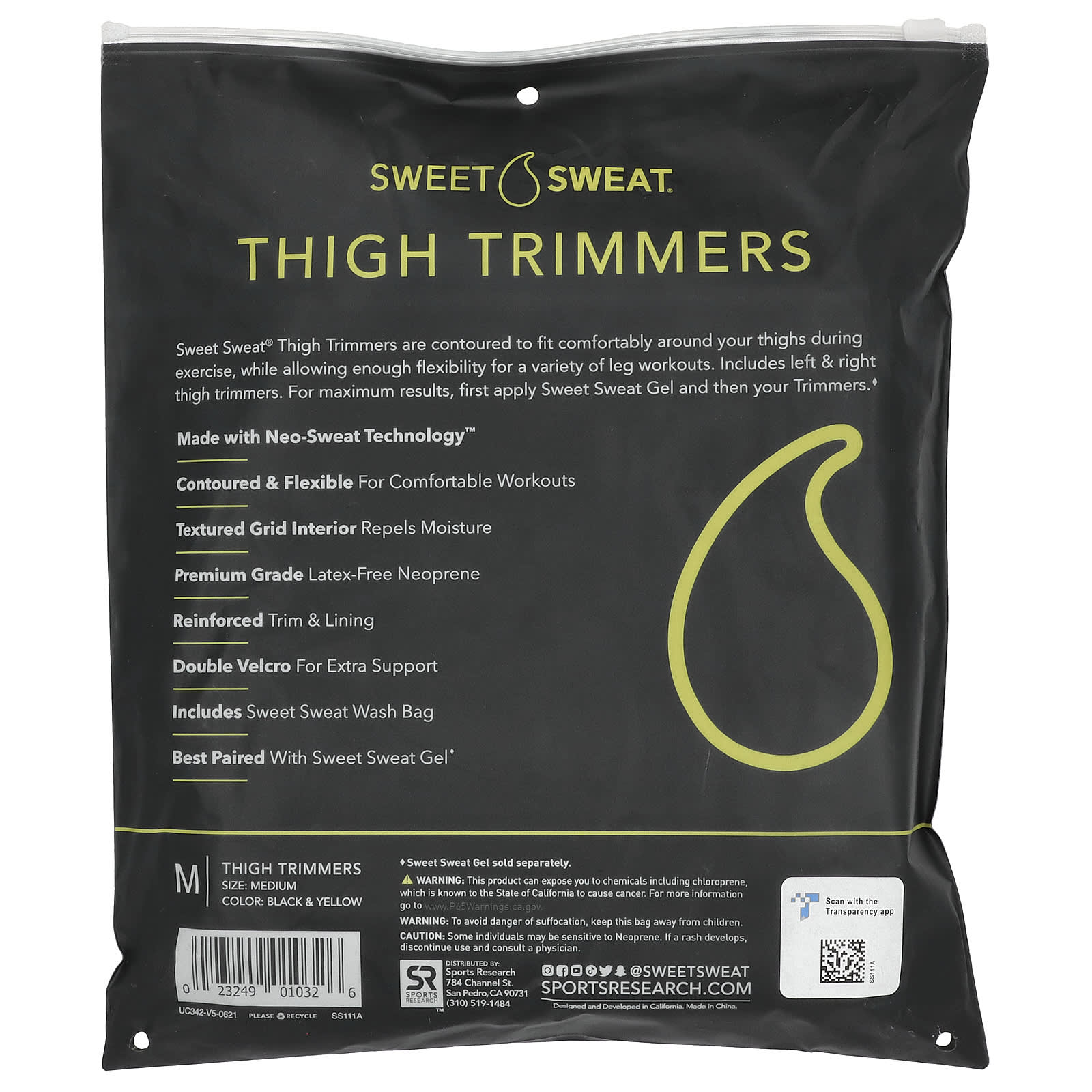 Sports Research, Sweet Sweat®, Thigh Trimmers, Medium, Black & Yellow, 1 Pair