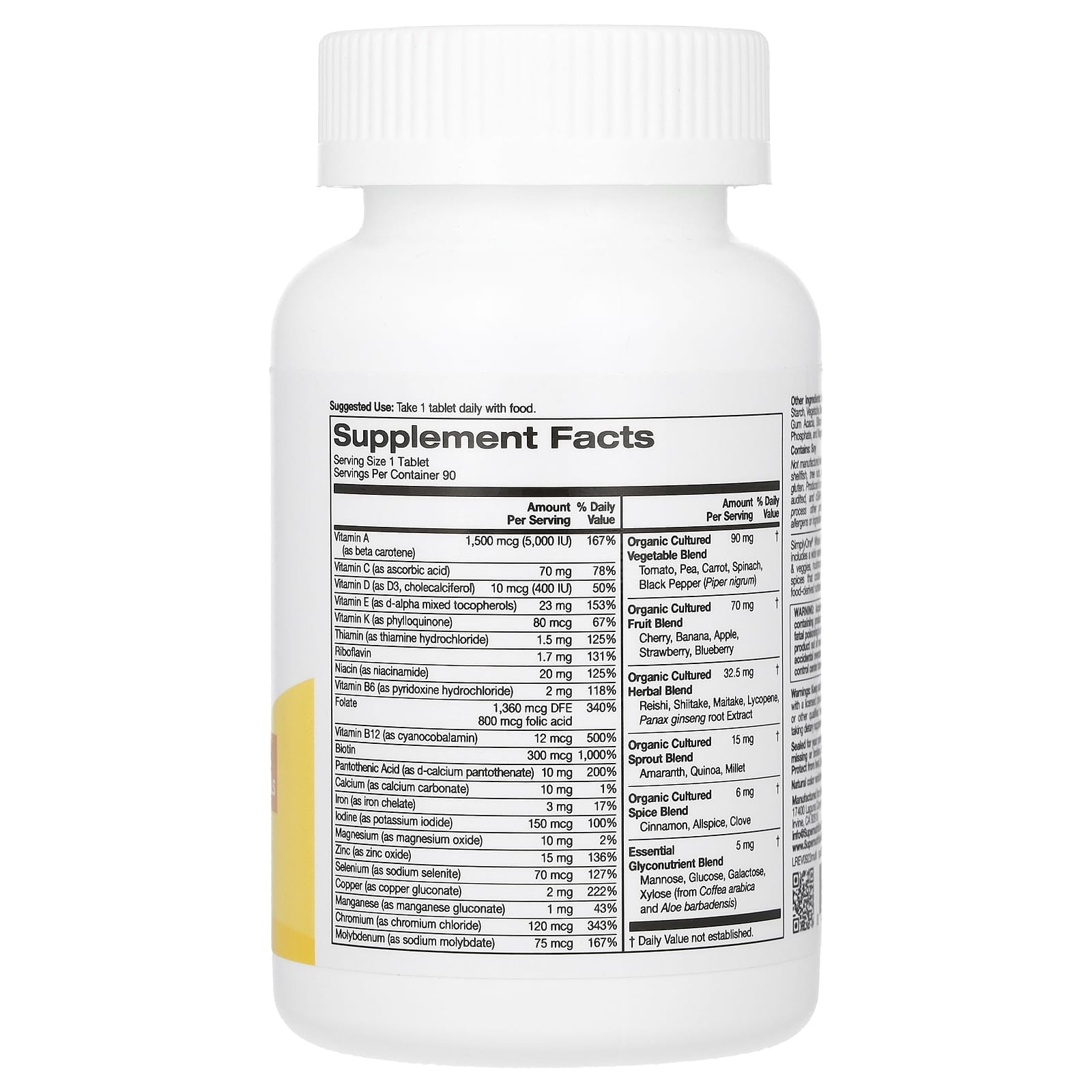 Whole Food Multivitamin with Vitamins A & C, Minerals & Enzymes - 90 Tablets - Image 2