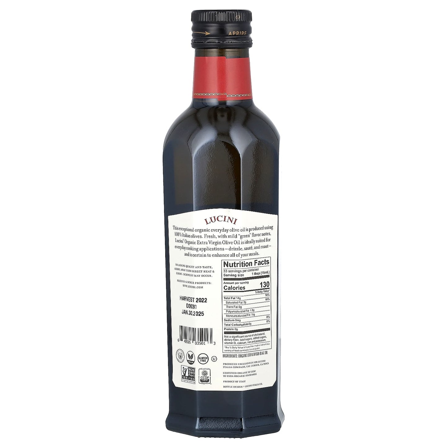 Lucini, Everyday, Organic Extra Virgin Olive Oil, 16.9 fl oz (500 ml) - Image 2