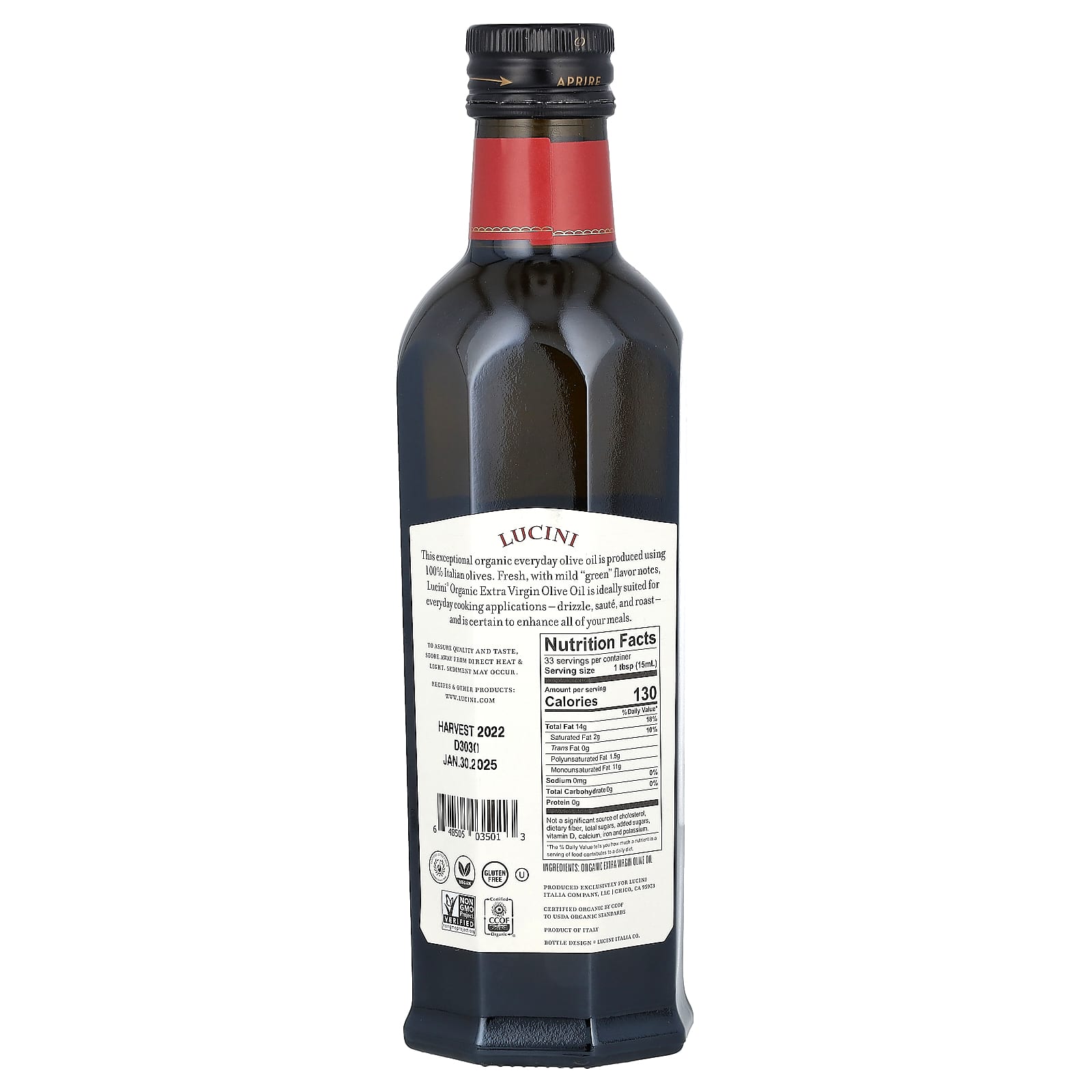 Lucini, Everyday, Organic Extra Virgin Olive Oil, 16.9 fl oz (500 ml) - Image 2
