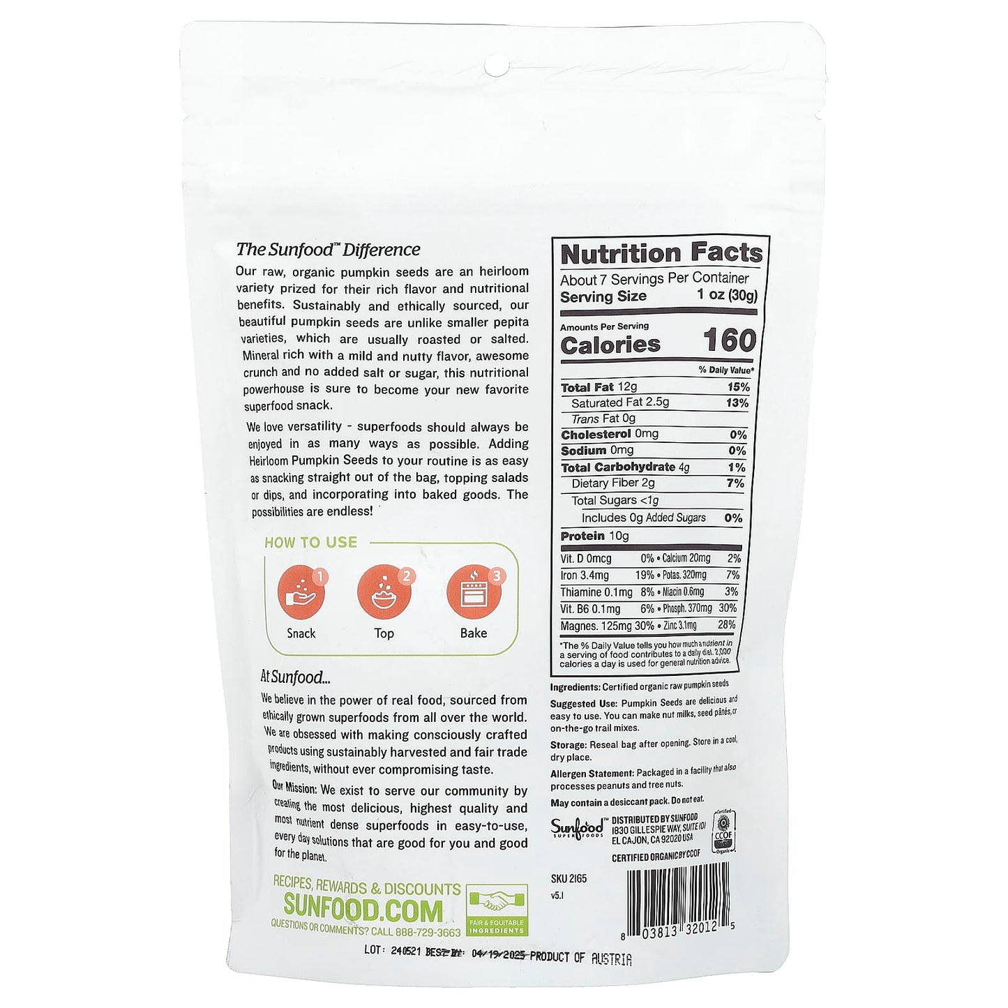 Sunfood, Raw Organic Heirloom Pumpkin Seeds, 8 oz (227 g) - Image 2