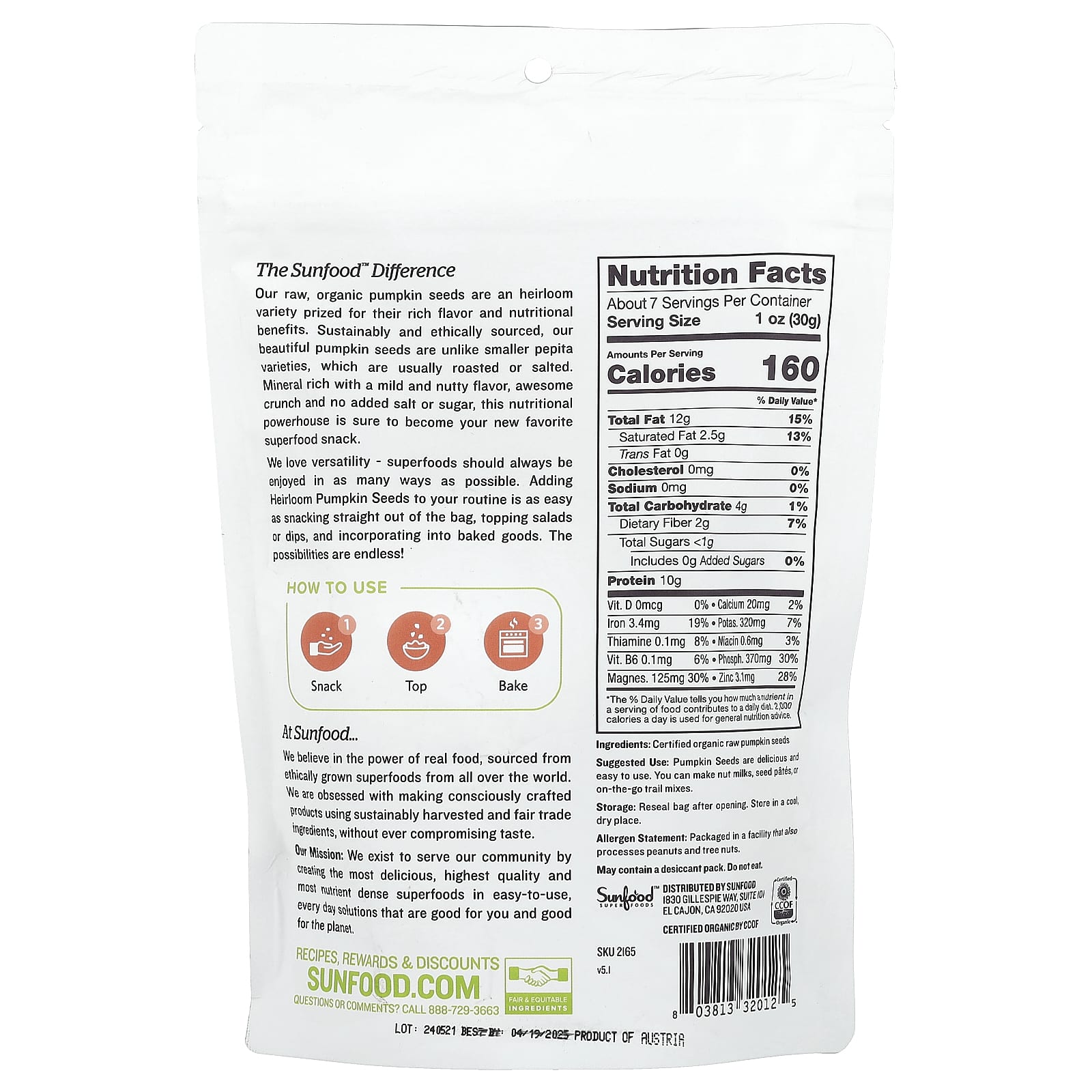 Sunfood, Raw Organic Heirloom Pumpkin Seeds, 8 oz (227 g) - Image 2
