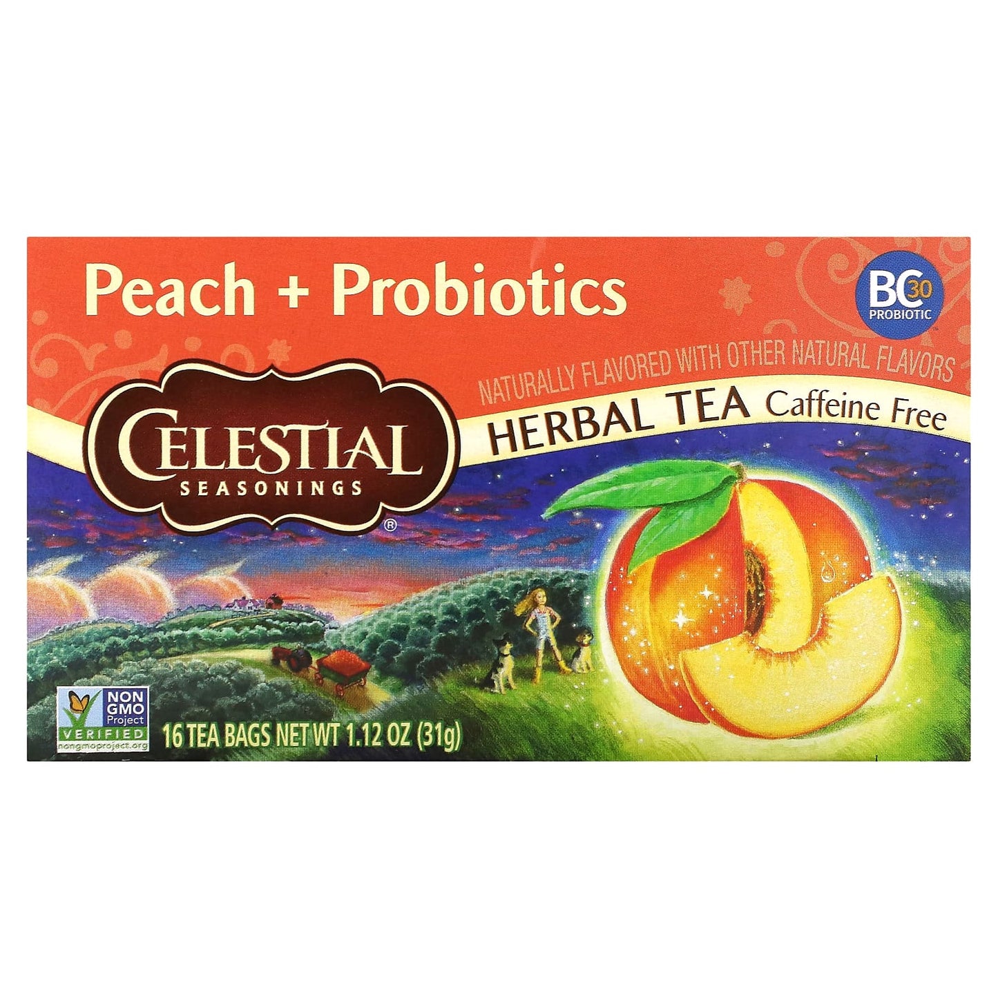 Peach Probiotics Herbal Tea - Caffeine Free, 16 Tea Bags, Gluten Free - Image 1