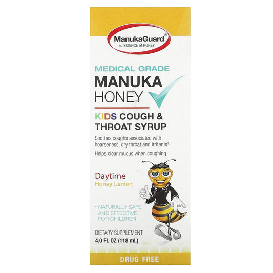 ManukaGuard, Manuka Honey, Kids Cough & Throat Syrup, Daytime, Honey Lemon, 4 fl oz (118 ml) - Image 1