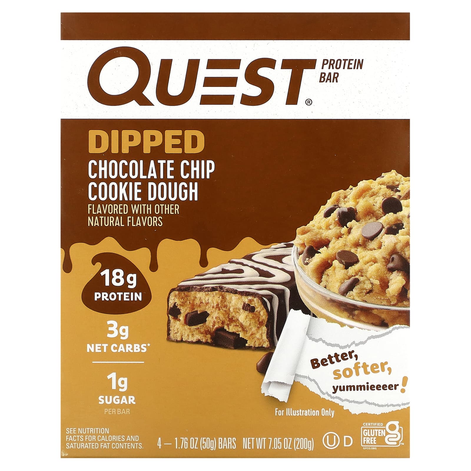Quest Nutrition, Protein Bar, Dipped Chocolate Chip Cookie Dough, 4 Bars, 1.76 oz (50 g) Each - Image 1