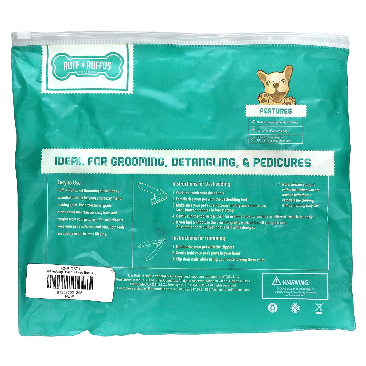 Ruff 'N Ruffus, Grooming Kit for Cats and Dogs, Deshedding Brush & Nail Clipper, Aqua, 1 Deshedding Brush, 1 Nail Clipper - Image 2