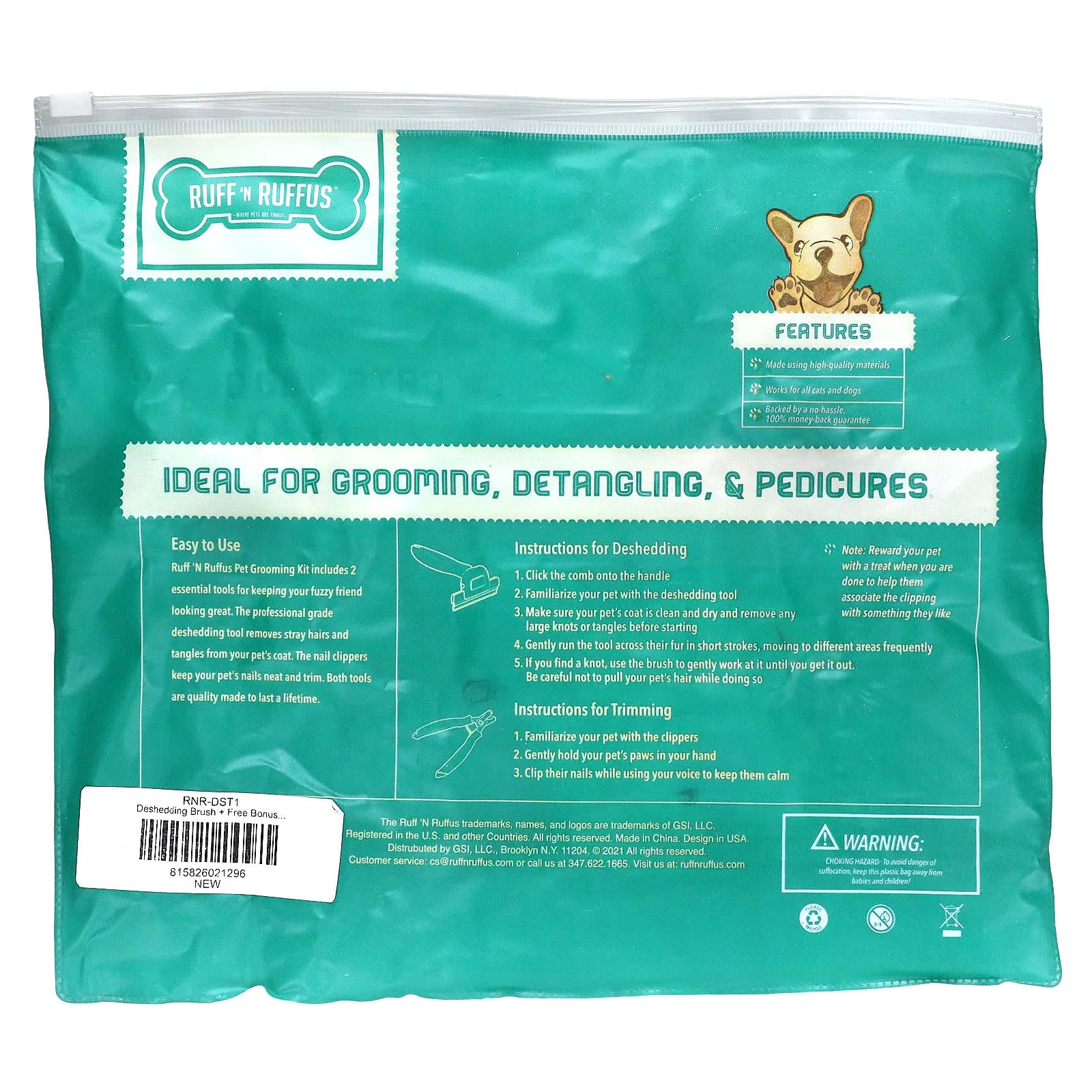 Ruff 'N Ruffus, Grooming Kit for Cats and Dogs, Deshedding Brush & Nail Clipper, Aqua, 1 Deshedding Brush, 1 Nail Clipper - Image 2