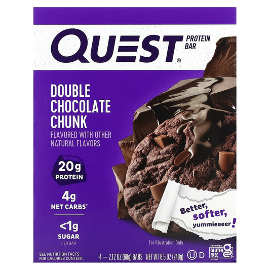 Quest Nutrition, Protein Bar, Double Chocolate Chunk, 4 Bars, 2.12 oz (60 g) Each - Image 1