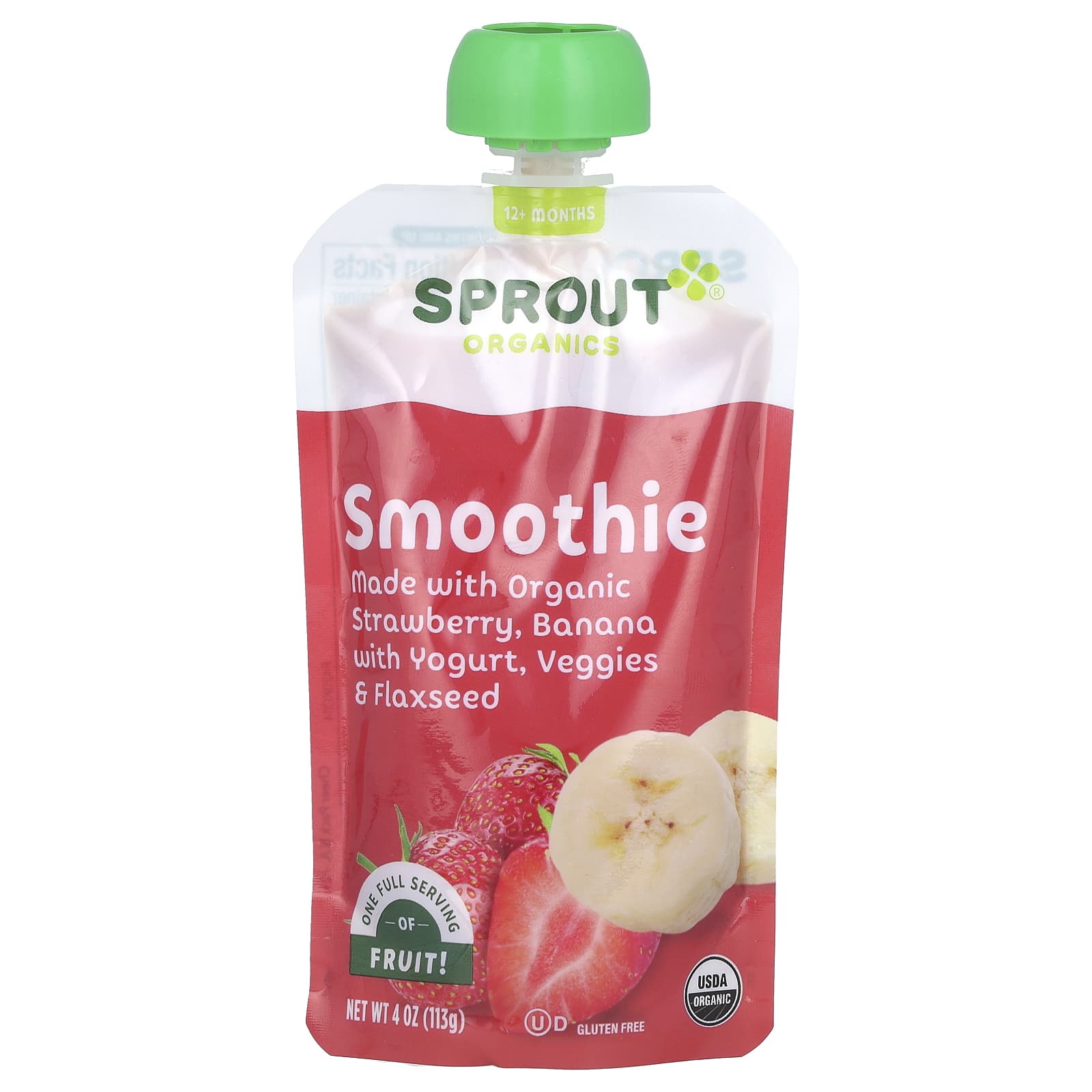 Sprout Organics, Baby Food, Smoothie, 12 Months & Up, Strawberry, Banana With Yogurt, Veggies & Flax Seed, 4 oz ( 113 g) - Image 1