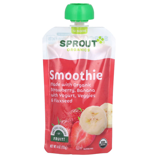 Sprout Organics, Baby Food, Smoothie, 12 Months & Up, Strawberry, Banana With Yogurt, Veggies & Flax Seed, 4 oz ( 113 g) - Image 1