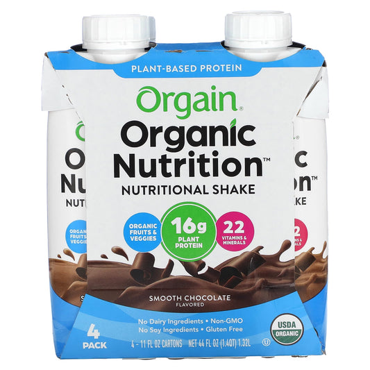 Orgain, Organic Nutrition, Nutritional Shake, Smooth Chocolate, 4 Pack, 11 fl oz (330 ml) Each - Image 1