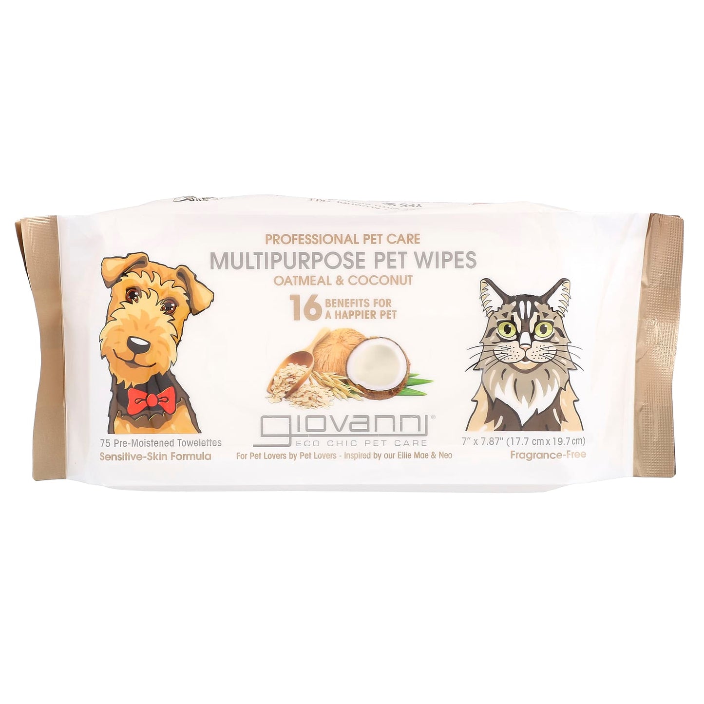 Giovanni Pet Care Wipes - Oatmeal & Coconut, Fragrance-Free for Dogs & Cats - Image 1