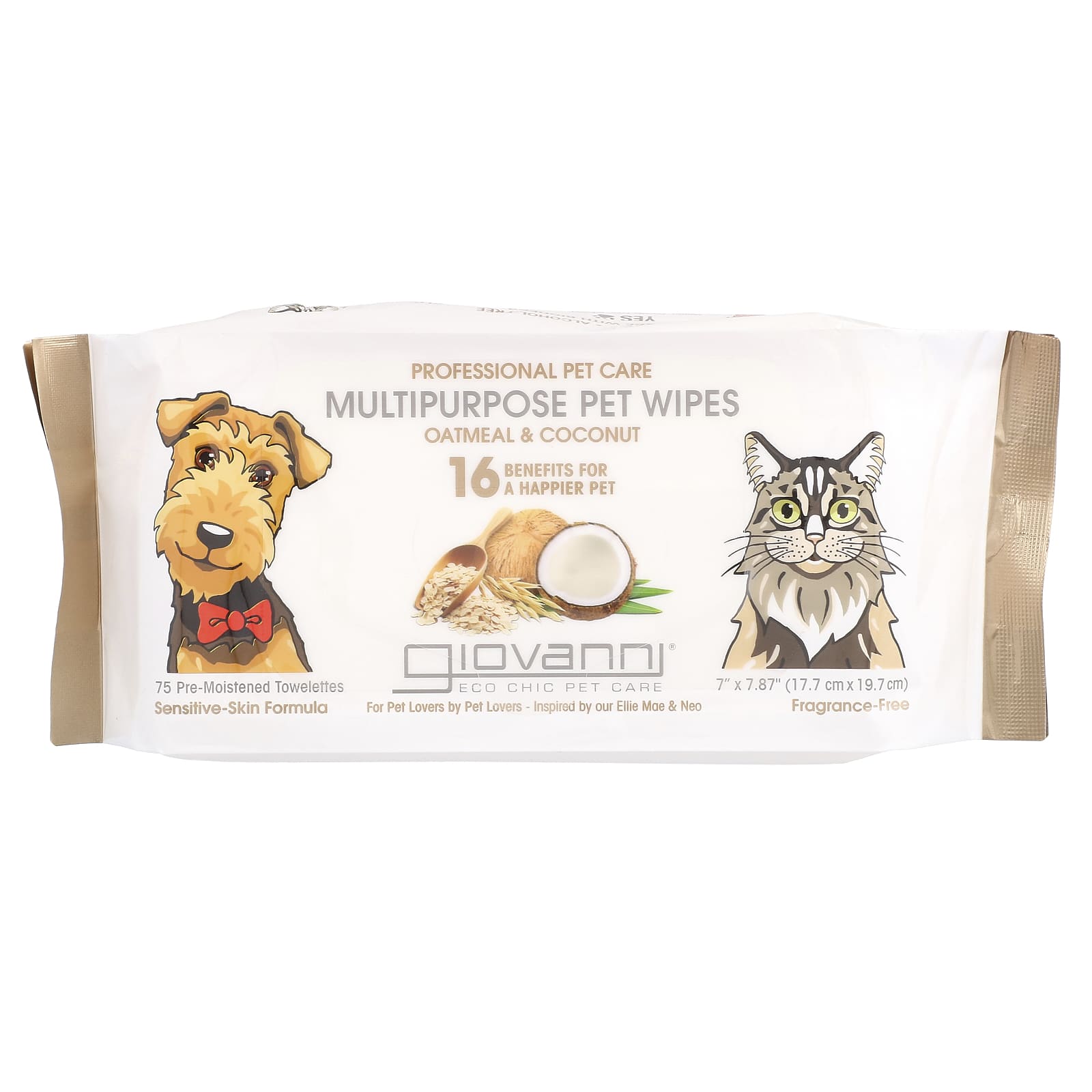 Giovanni Pet Care Wipes - Oatmeal & Coconut, Fragrance-Free for Dogs & Cats - Image 1