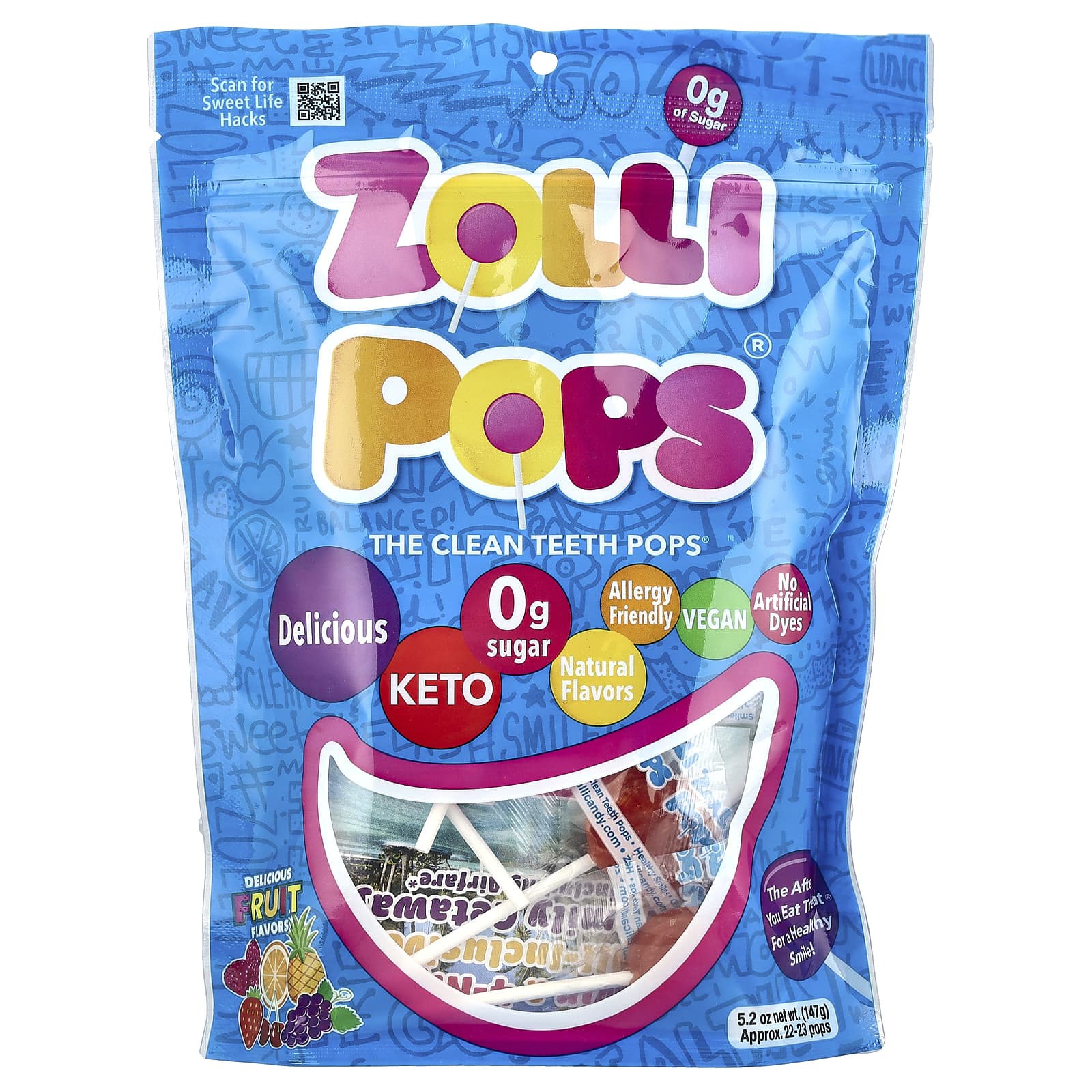 Zollipops, The Clean Teeth Pops®, Delicious Fruit , Approx. 23-25 Pops, 5.2 oz (142 g) - Image 1