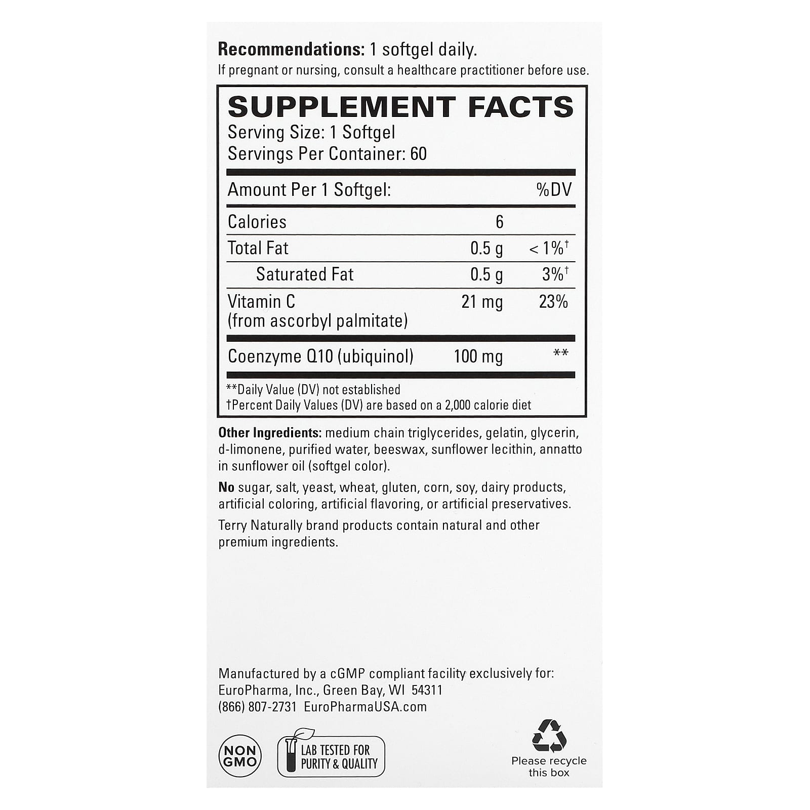 Terry Naturally, CoQ10, Bioactive Ubiquinol, 100 mg, 60 Softgels - Image 2