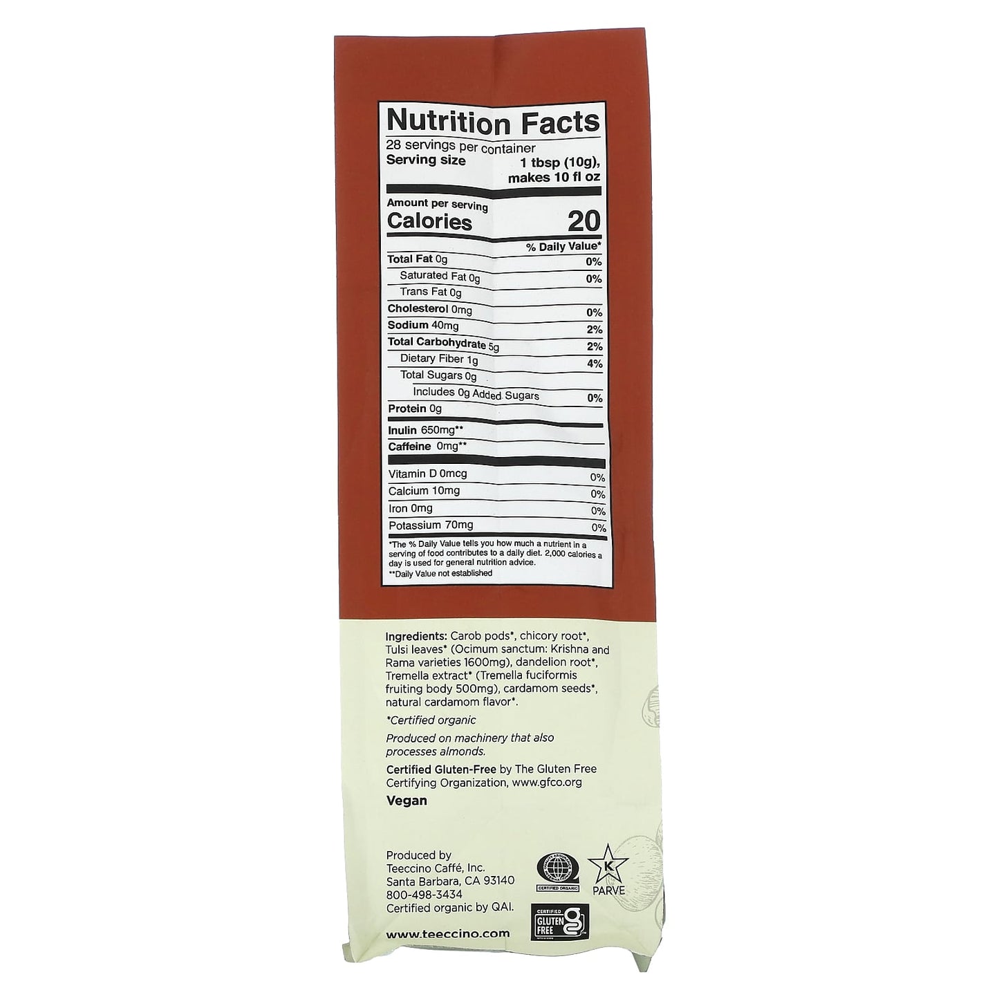 Teeccino, Organic Mushroom Herbal 'Coffee', Tremella Tulsi, Medium Roast, Caffeine Free, 10 oz (284 g) - Image 2
