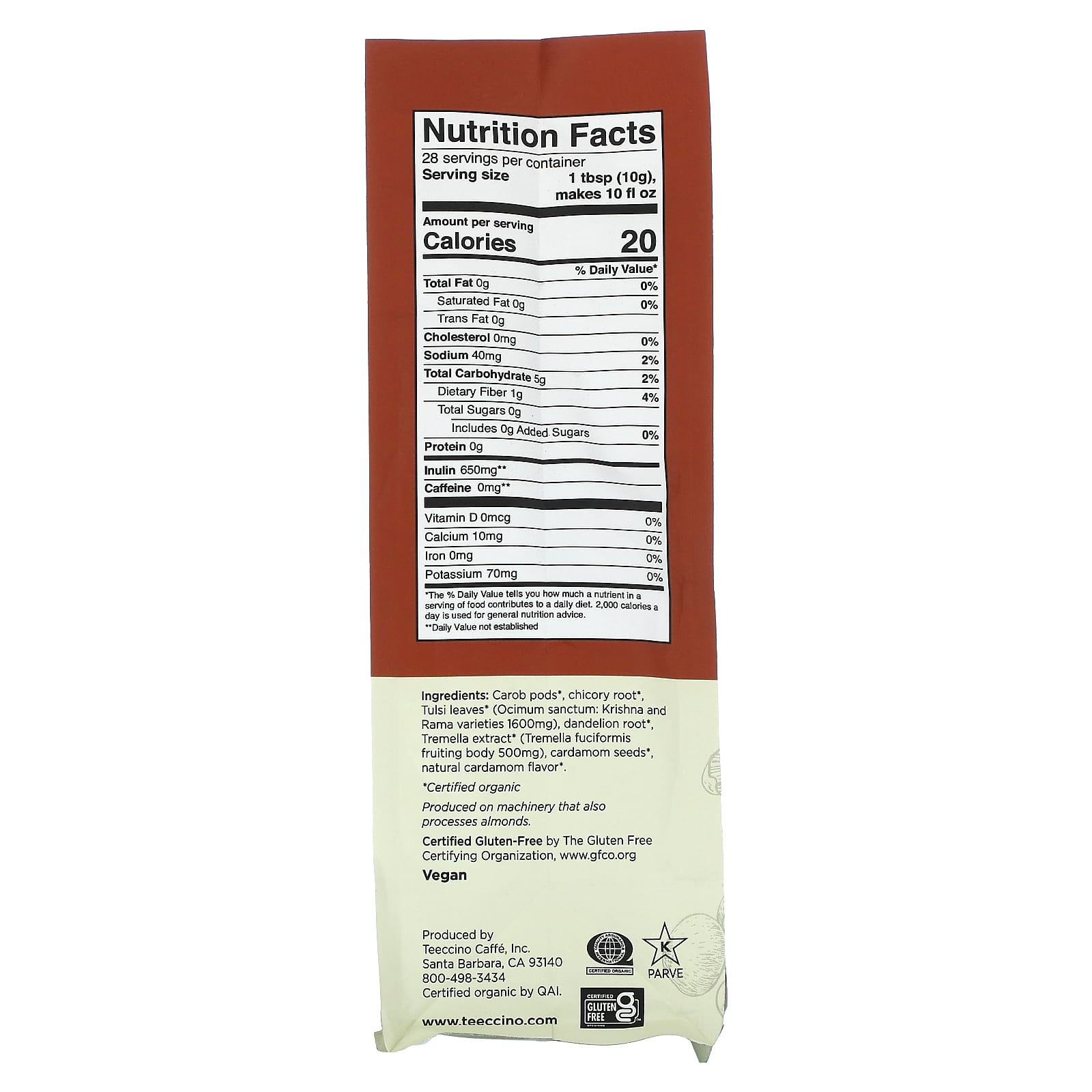 Teeccino, Organic Mushroom Herbal 'Coffee', Tremella Tulsi, Medium Roast, Caffeine Free, 10 oz (284 g) - Image 2