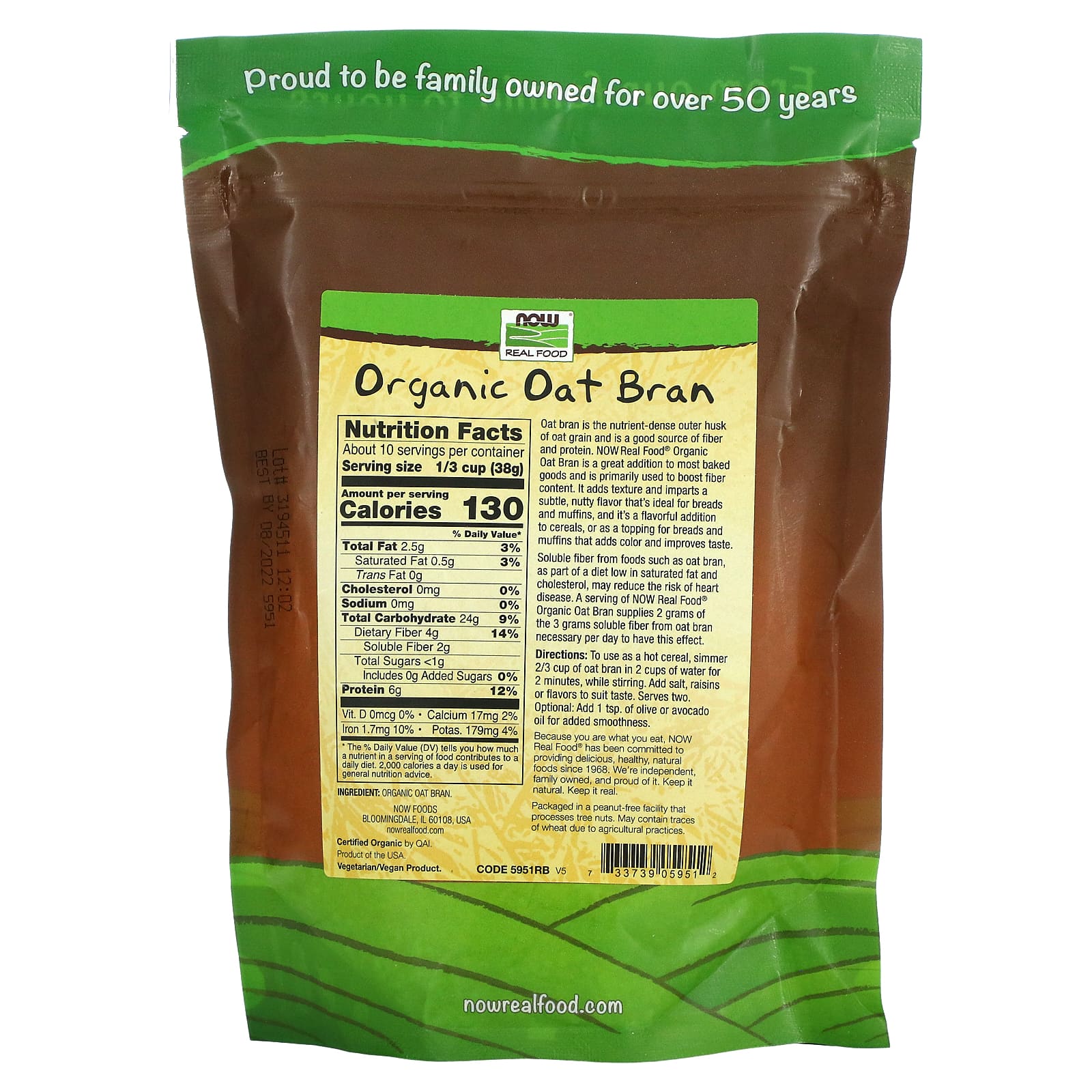 NOW Foods, Real Food, Organic Oat Bran, 14 oz (397 g) - Image 2
