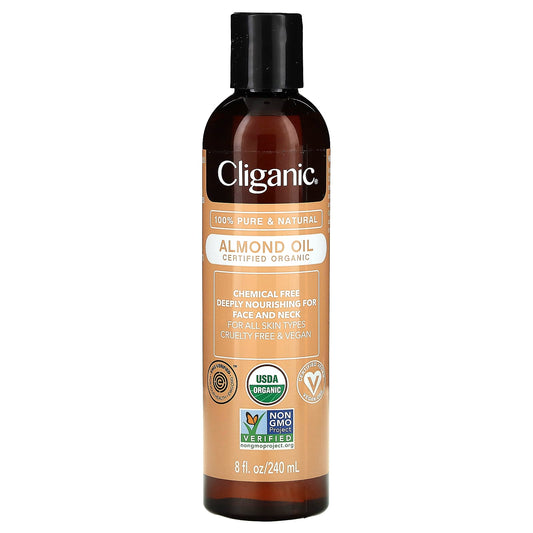 Certified Organic Almond Oil for Skin, Hair & Nails by Cliganic, 8 fl oz - Image 1