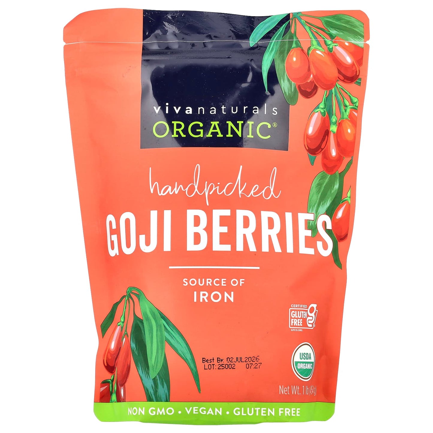 Viva Naturals, Organic Handpicked Goji Berries, 1 lb (454 g) - Image 1
