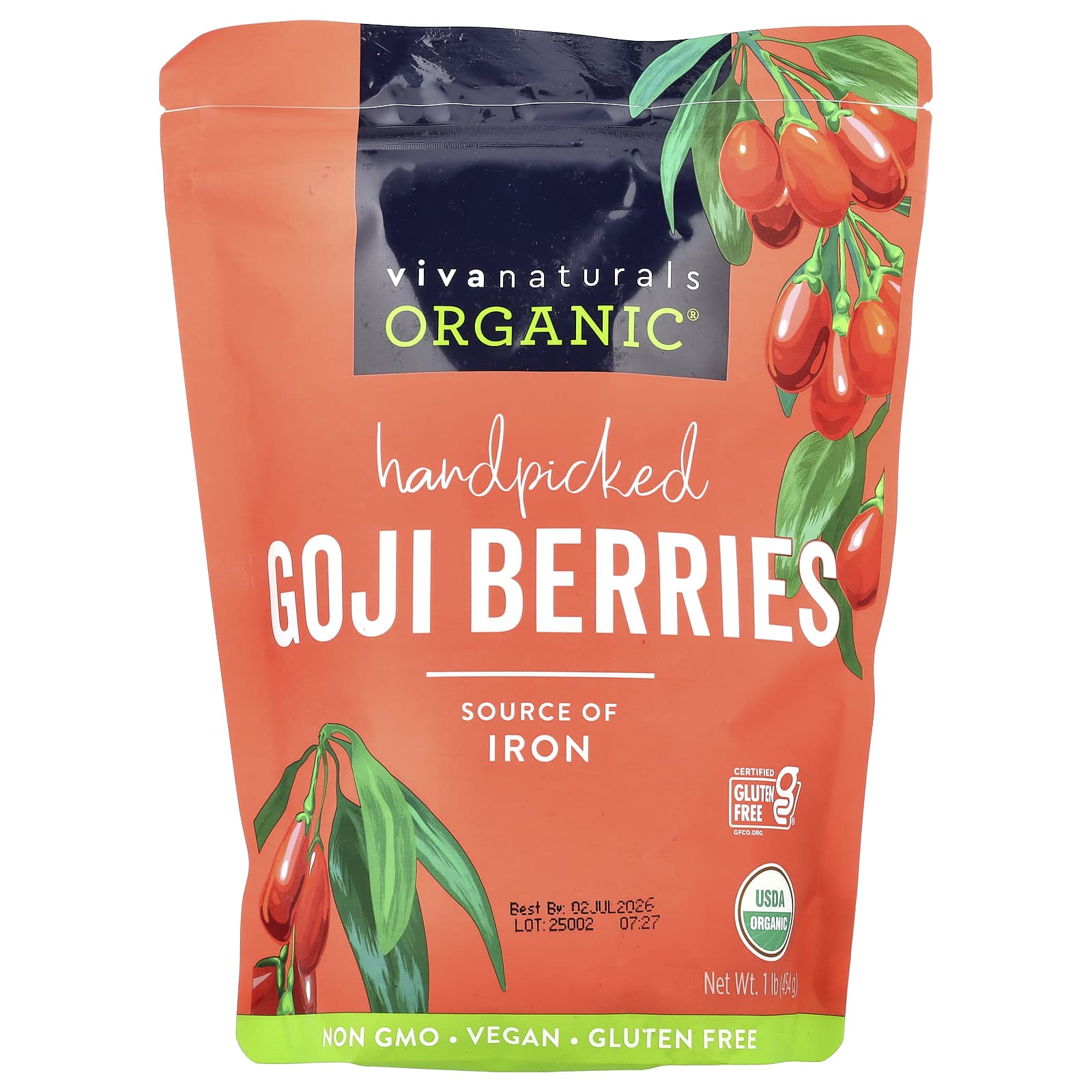 Viva Naturals, Organic Handpicked Goji Berries, 1 lb (454 g) - Image 1