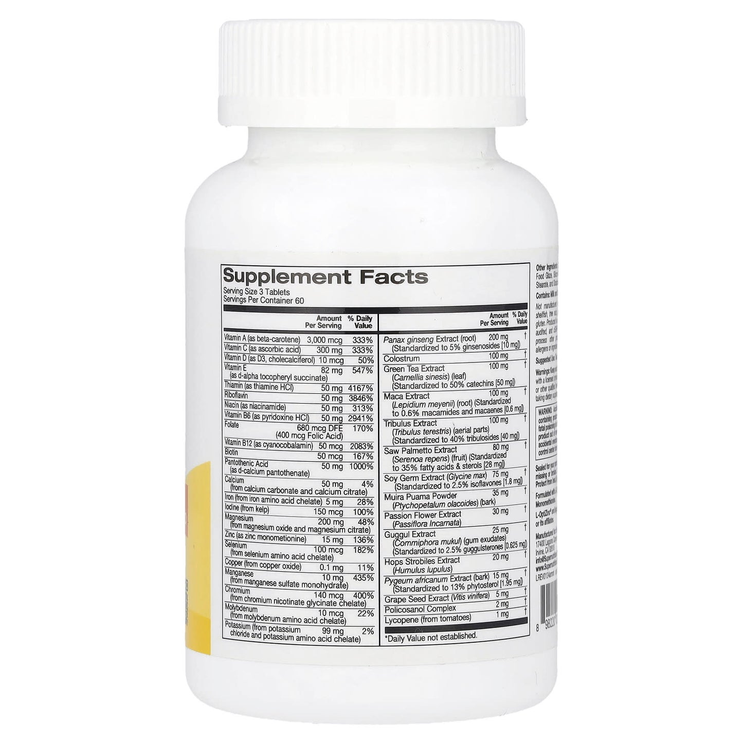 Super Nutrition, Active Men's Multivitamin with Panax Ginseng Extract, Maca, Saw Palmetto, and Tribulus, 180 Tablets - Image 2