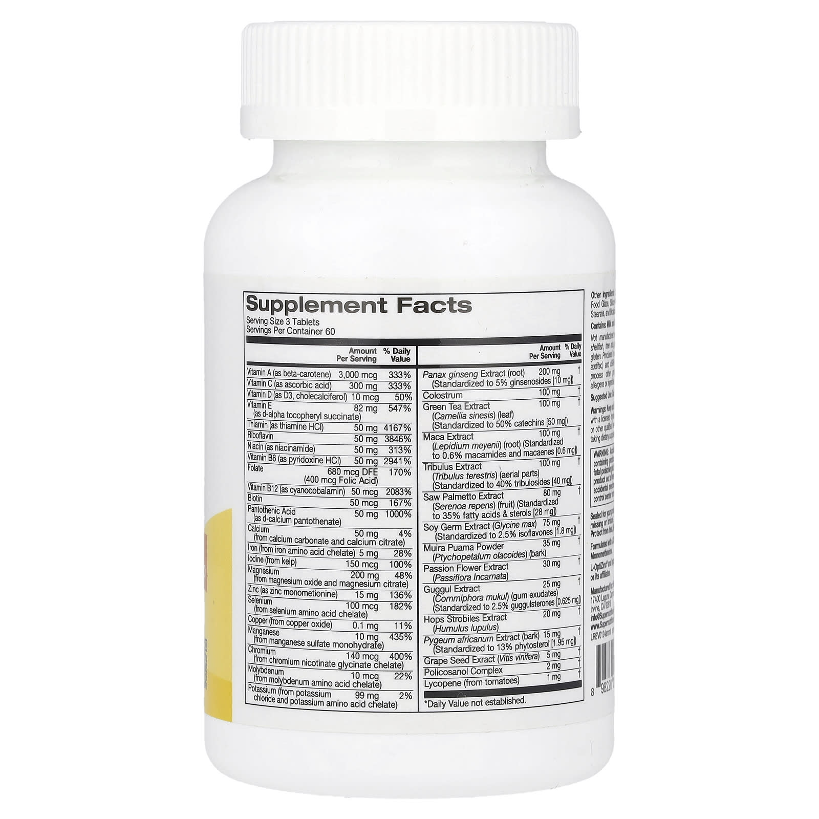 Super Nutrition, Active Men's Multivitamin with Panax Ginseng Extract, Maca, Saw Palmetto, and Tribulus, 180 Tablets - Image 2