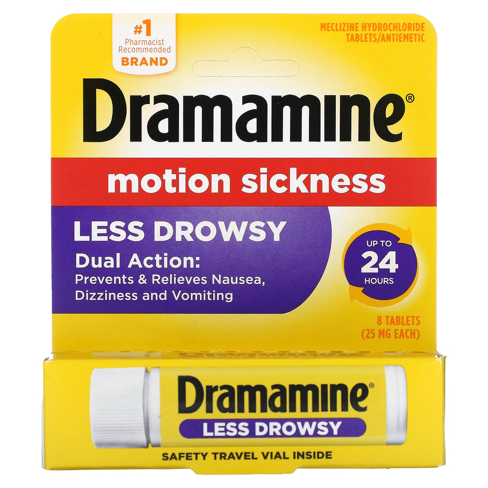 Motion Sickness Relief with Dramamine, Less Drowsy, 25mg, 8 Tablets - Image 1
