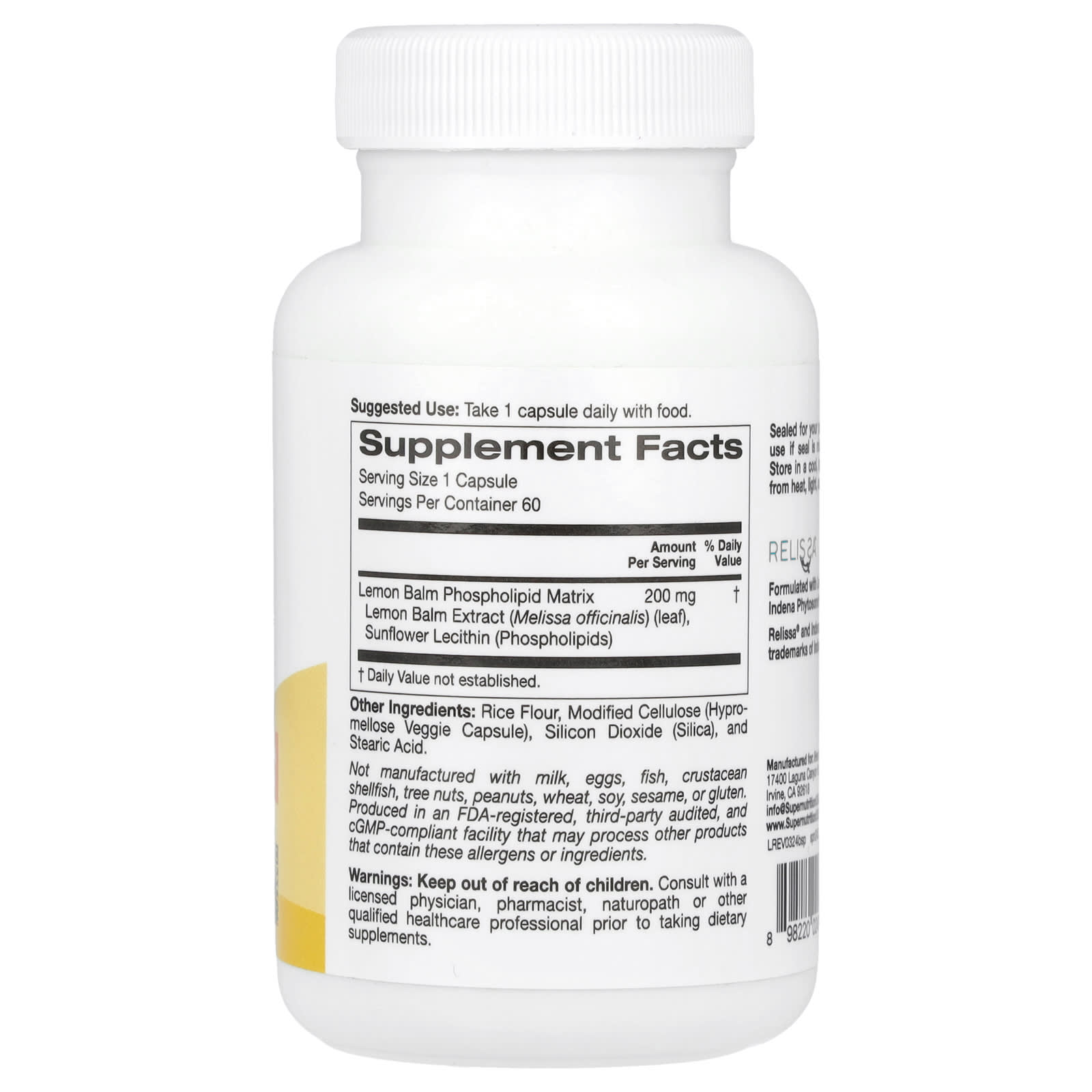 Super Nutrition, Lemon Balm Phytosome with Sunflower Lecithin, 200 mg, 60 Veggie Capsules