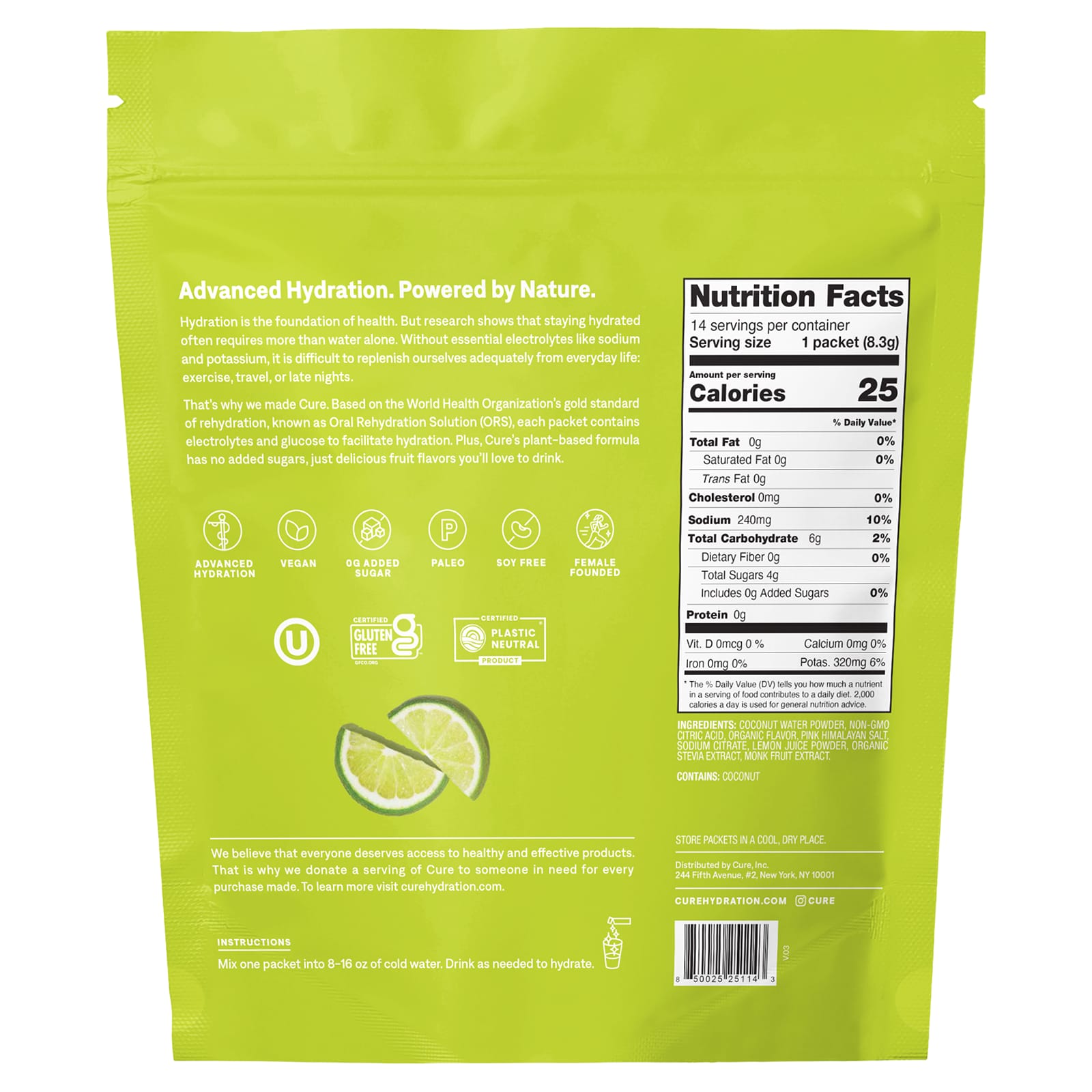Cure Hydration, Hydrating Electrolyte Mix, Lime, 14 Packets, 0.29 oz (8.3 g) Each