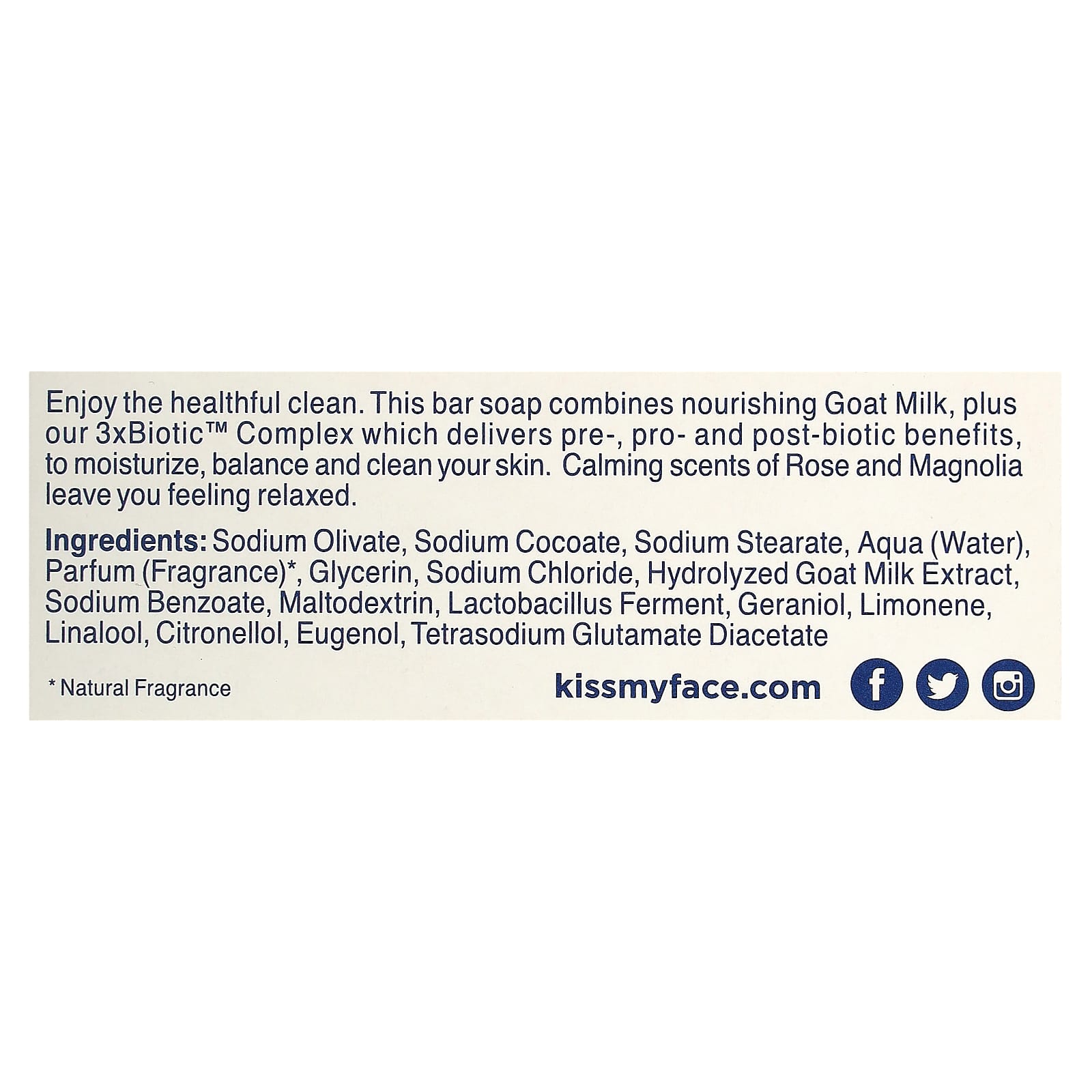 Kiss My Face, Goat Milk Bar Soap, Rose + Magnolia, 5 oz (142 g) - Image 2