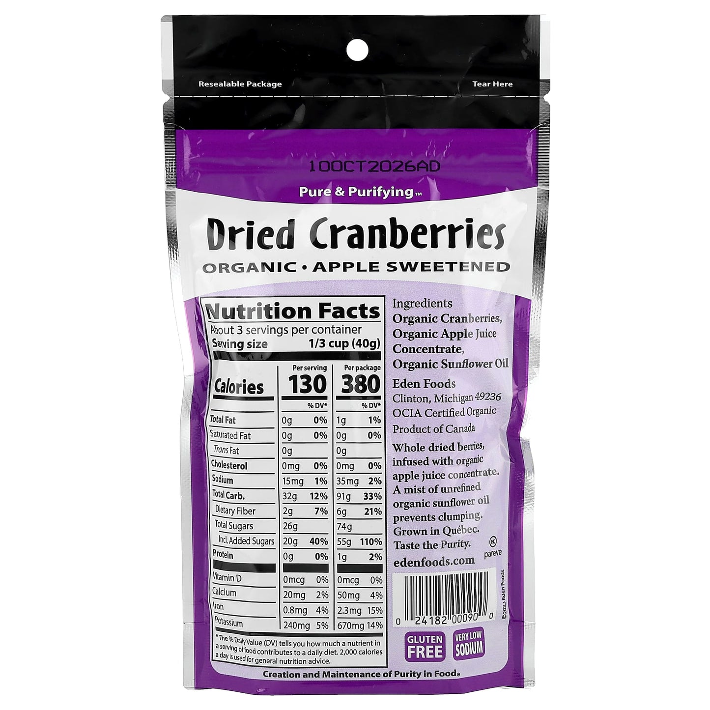 Organic Dried Cranberries by Eden Foods, 4 oz, Low Sodium - Image 2
