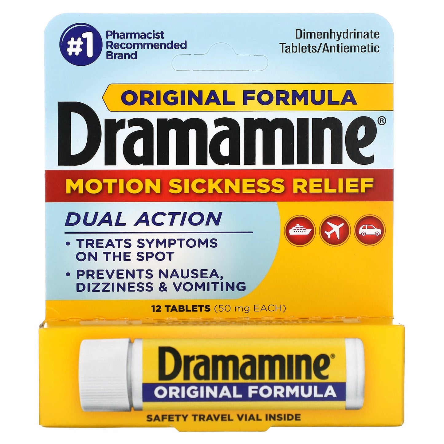 Dramamine Motion Sickness Relief Tablets for Nausea Dizziness and Vomiting - Image 1