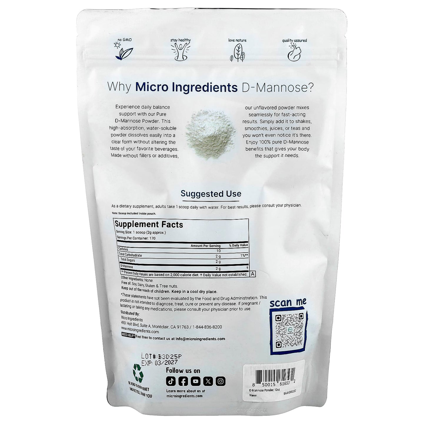 Micro Ingredients, D-Mannose Powder, 12 oz (340 g) - Image 2