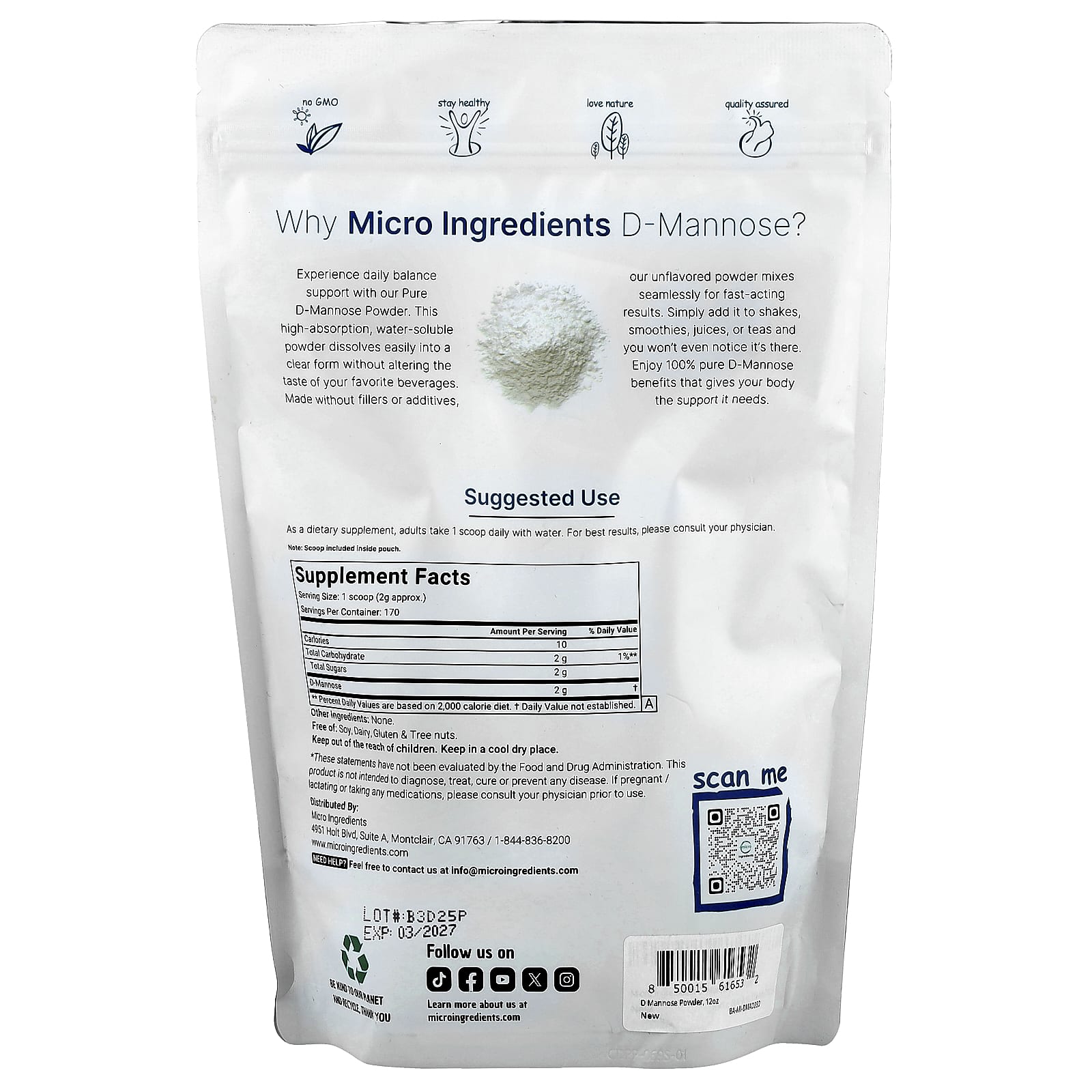 Micro Ingredients, D-Mannose Powder, 12 oz (340 g) - Image 2