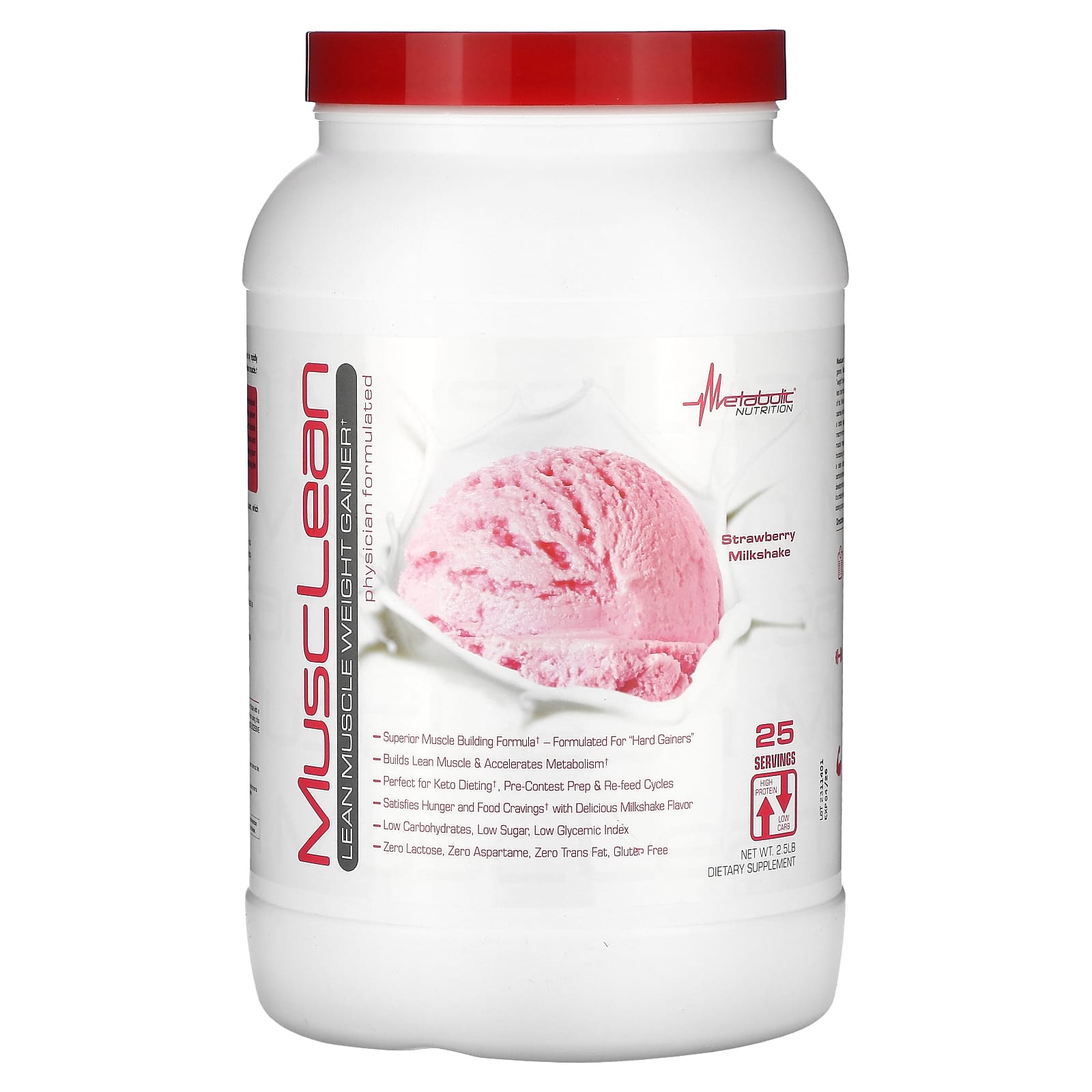 Metabolic Nutrition, MuscLean, Lean Muscle Weight Gainer, Strawberry Milkshake, 2.5 lb - Image 1