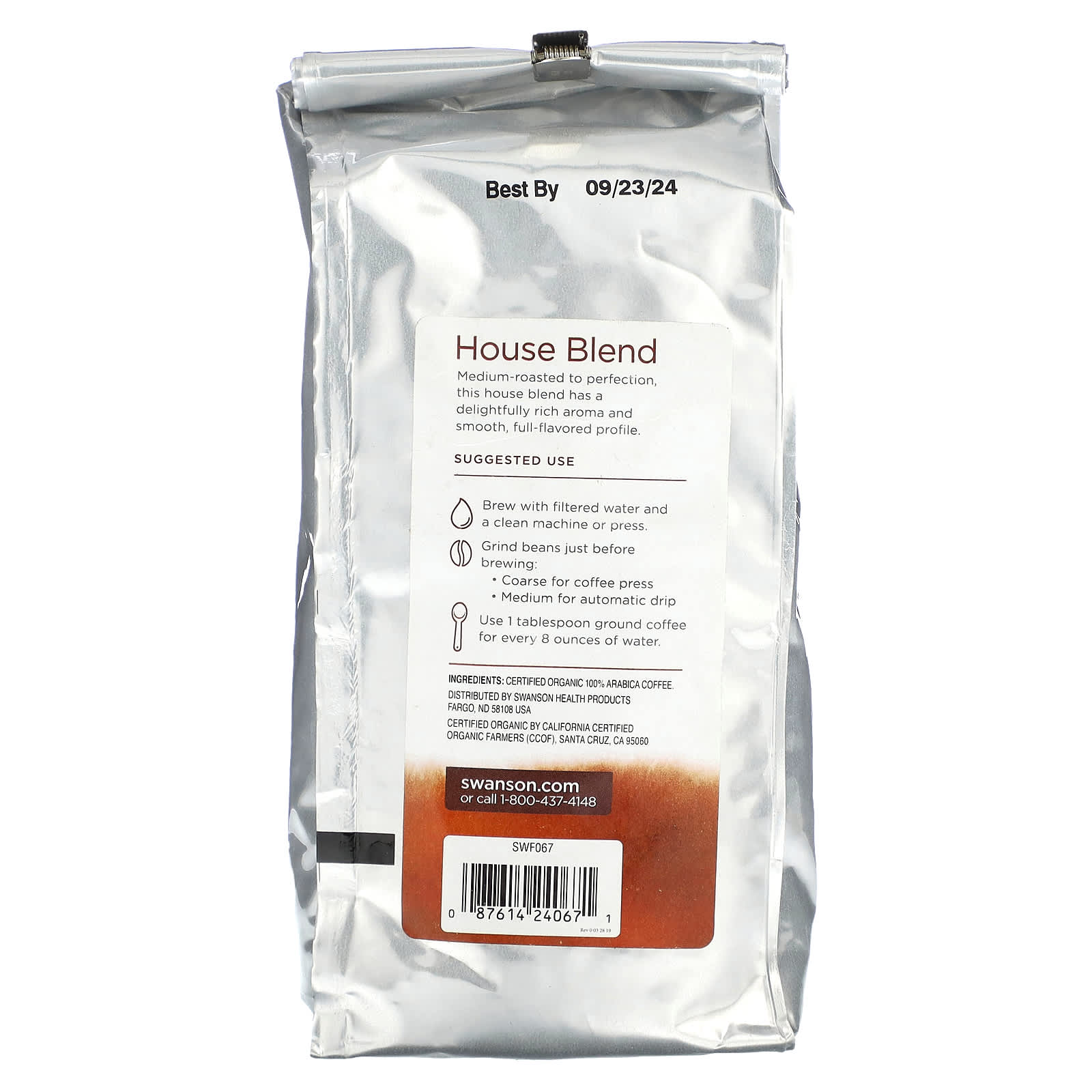 Swanson, Organic House Blend Coffee, Whole Bean, Medium Roast, 1 lbs (454 g) - Image 2