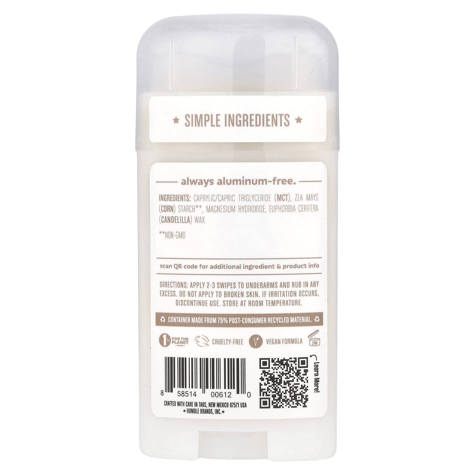 Natural, Aluminum-Free Deodorant by Humble Brands (2.5 oz, Unscented) - Image 2
