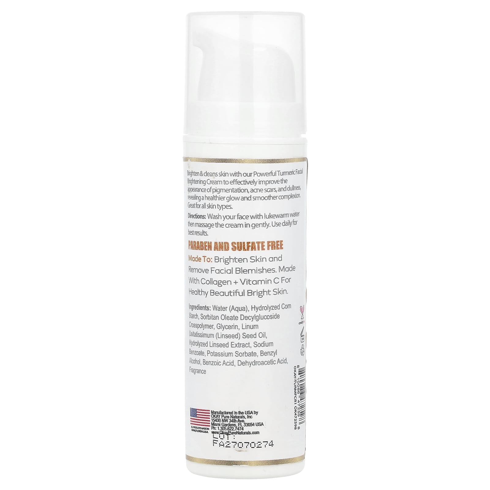 Okay Pure Naturals, Skin Brightening, Facial Cream, Turmeric, 1.5 oz (47 ml) - Image 2