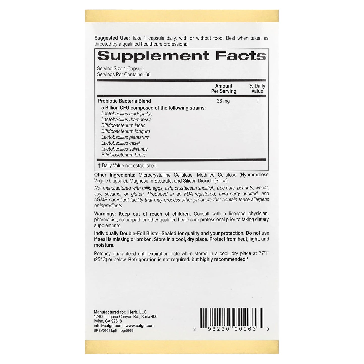 California Gold Nutrition LactoBif 5 Probiotics, 60 Veggie Capsules for Gut Health - Image 2