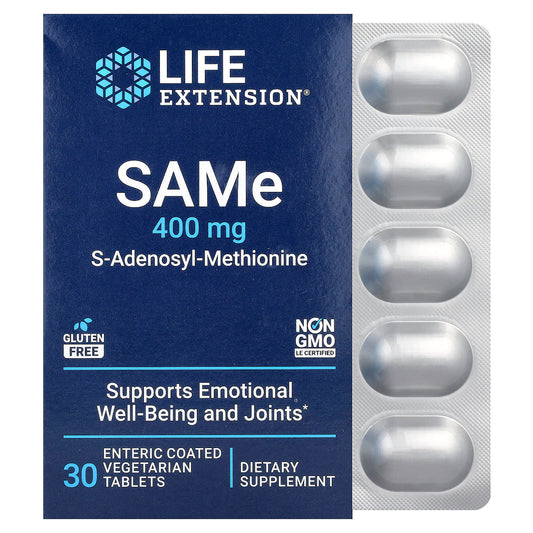 Life Extension, SAMe, S-Adenosyl-Methionine, 400 mg, 30 Enteric Coated Vegetarian Tablets - Image 1