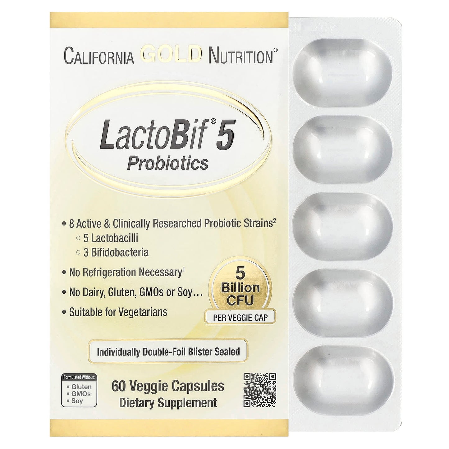 California Gold Nutrition LactoBif 5 Probiotics, 60 Veggie Capsules for Gut Health - Image 1