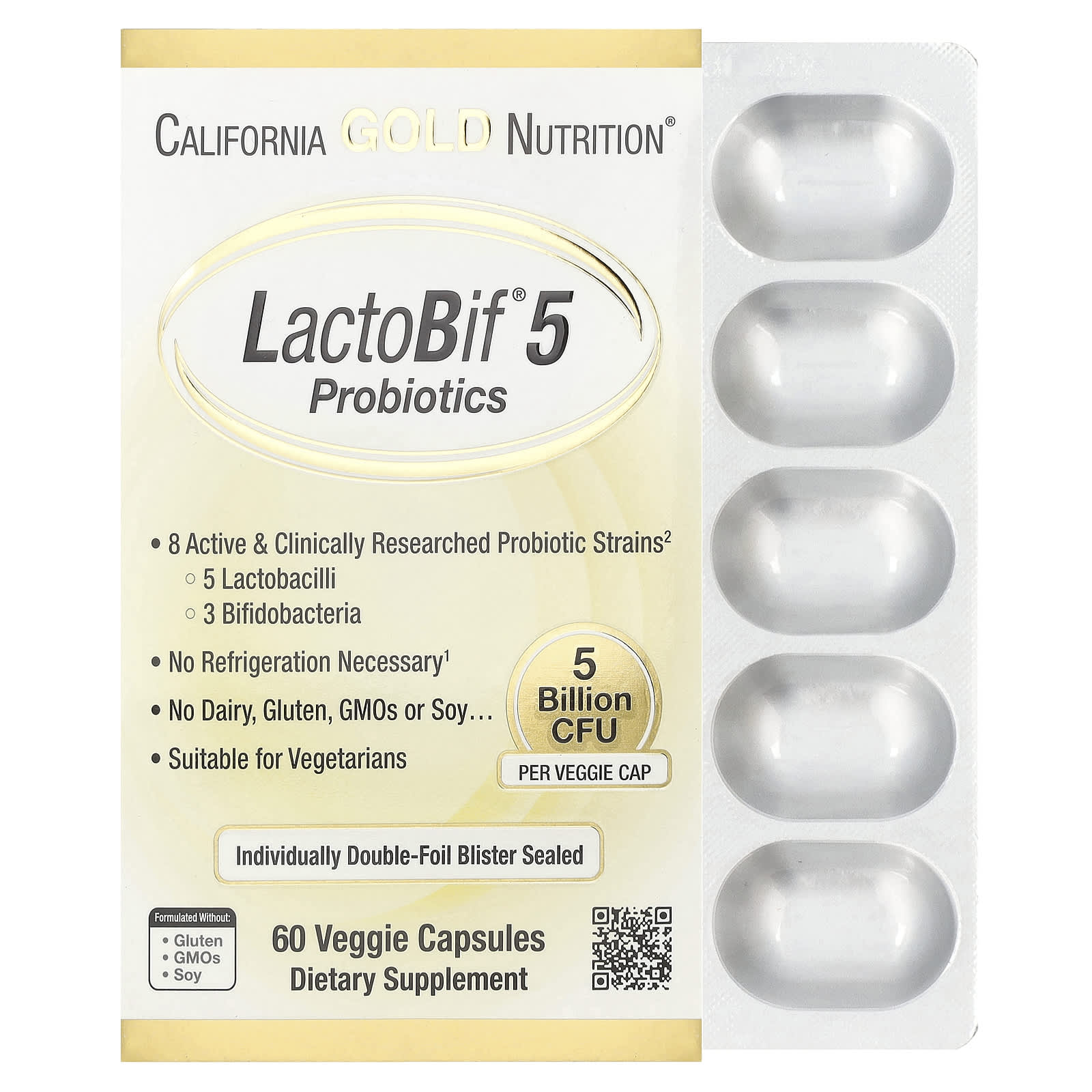 California Gold Nutrition LactoBif 5 Probiotics, 60 Veggie Capsules for Gut Health - Image 1