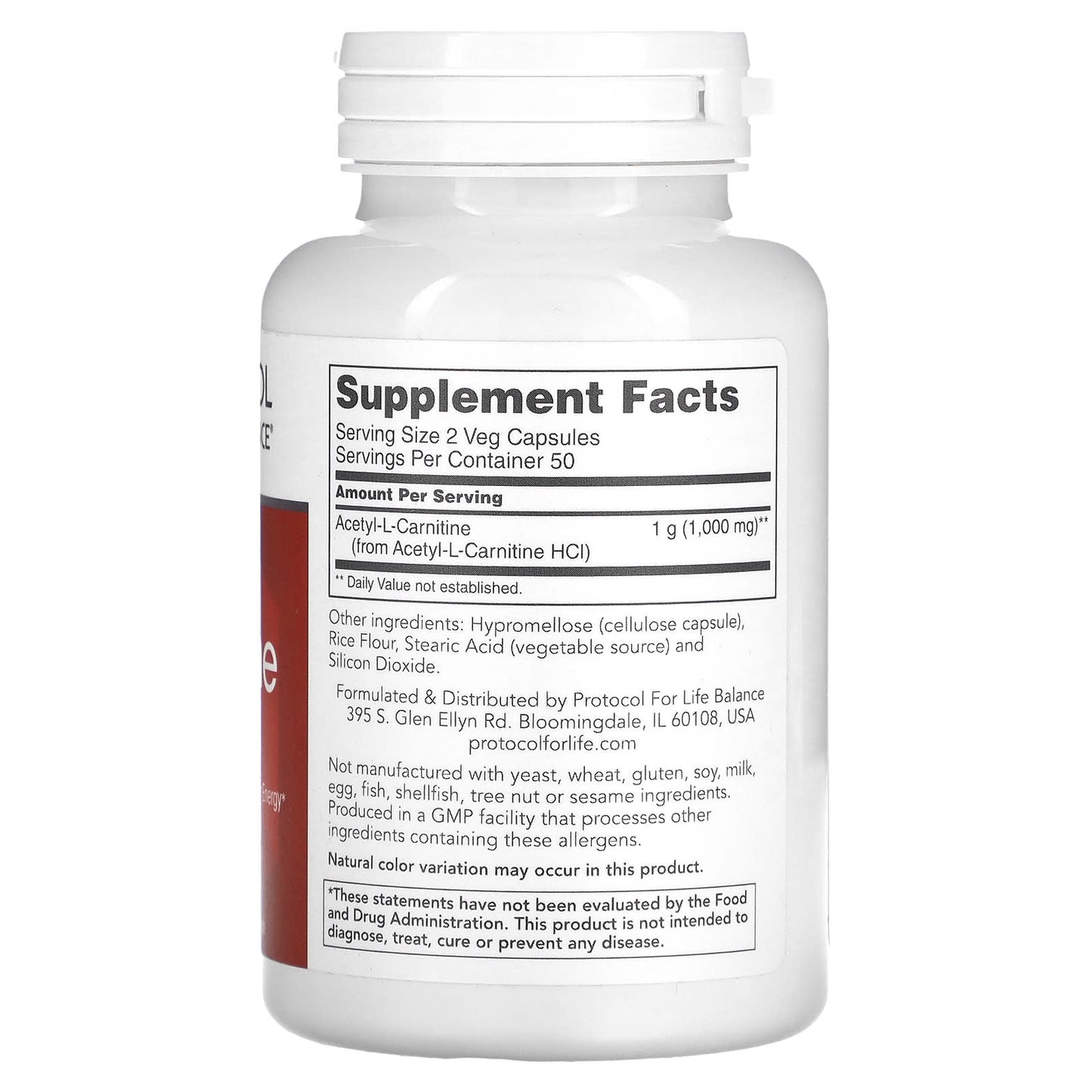 Protocol for Life Balance, Acetyl-L-Carnitine, 500 mg, 100 Veg Capsules - Image 2
