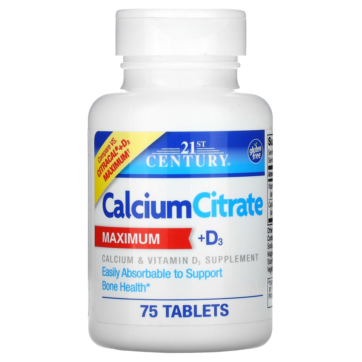 Calcium Citrate + D3 Maximum Supplement by 21st Century - 75 Tablets - Image 1